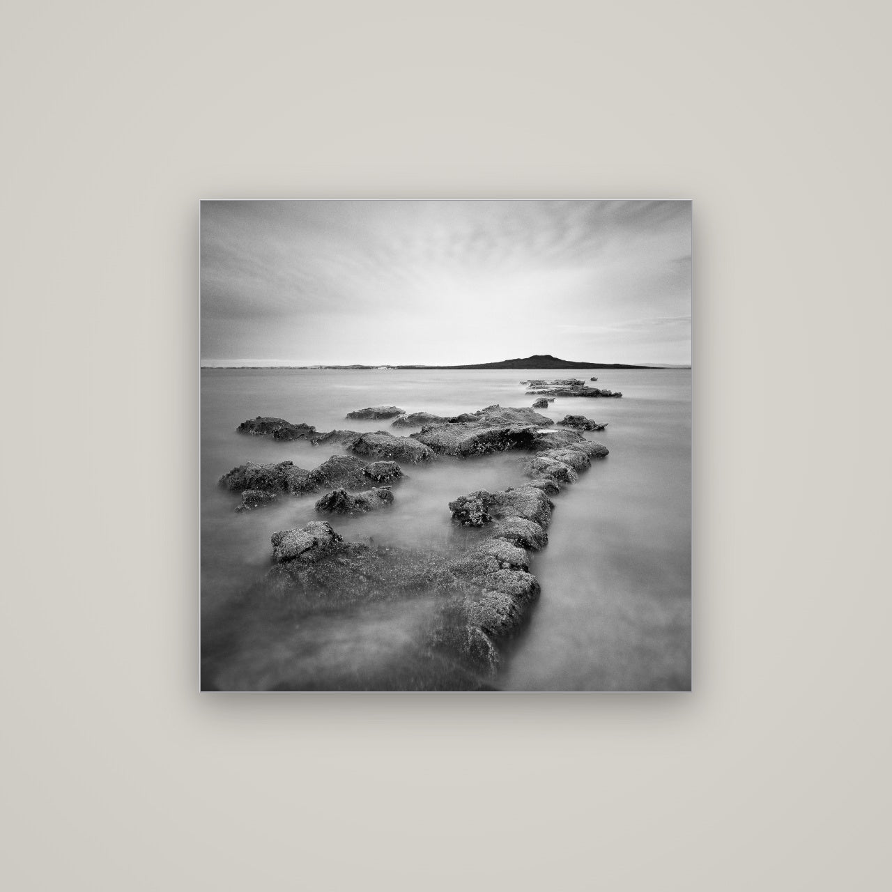 Volcanic Horizon, Auckland Harbour — Slimline Silver, 80×80 cm. New Zealand fine art wall art by Stephen Milner.