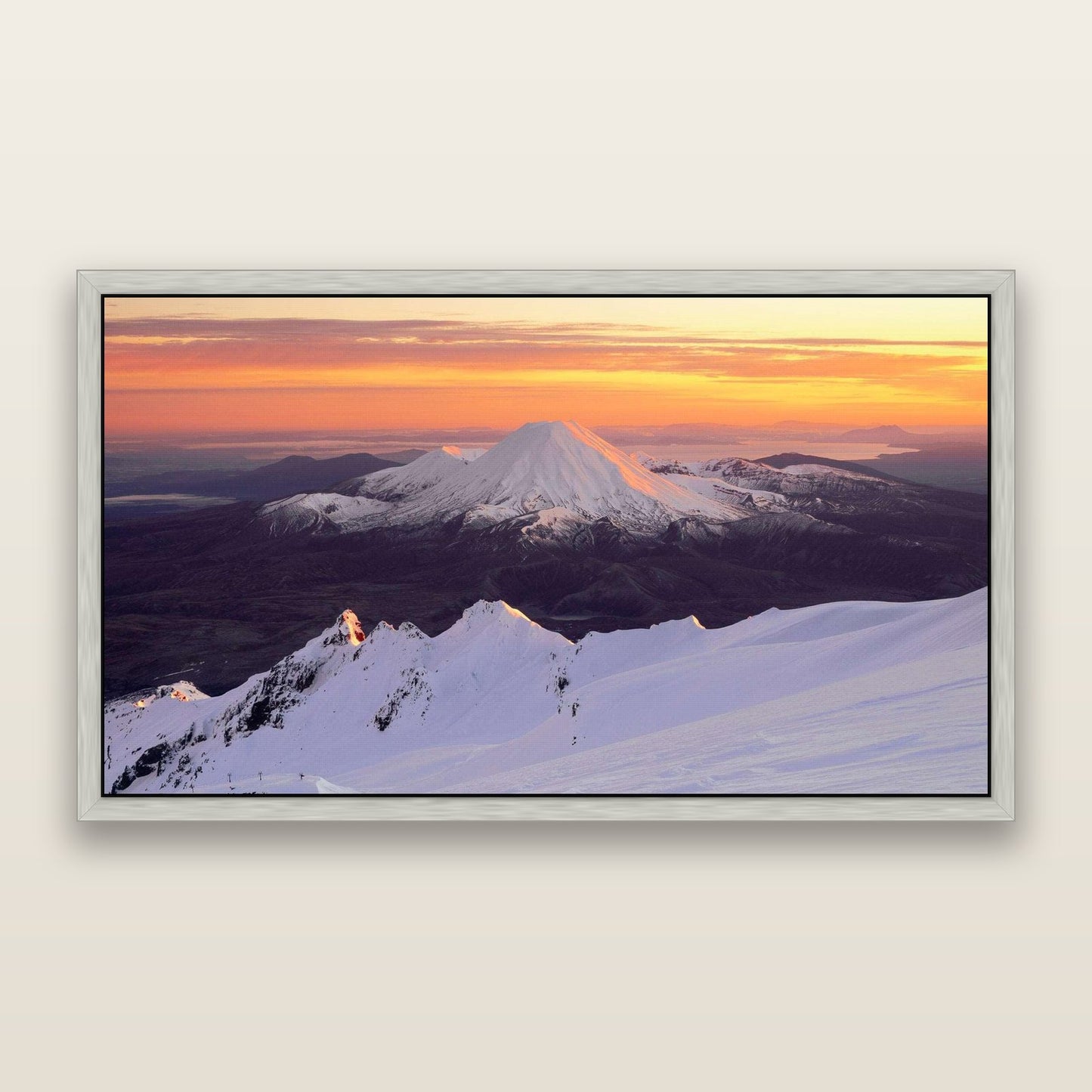 Volcanic Light, Mount Ngauruhoe — framed metallic canvas print, Antique Silver frame. New Zealand fine art landscape wall art by Stephen Milner.