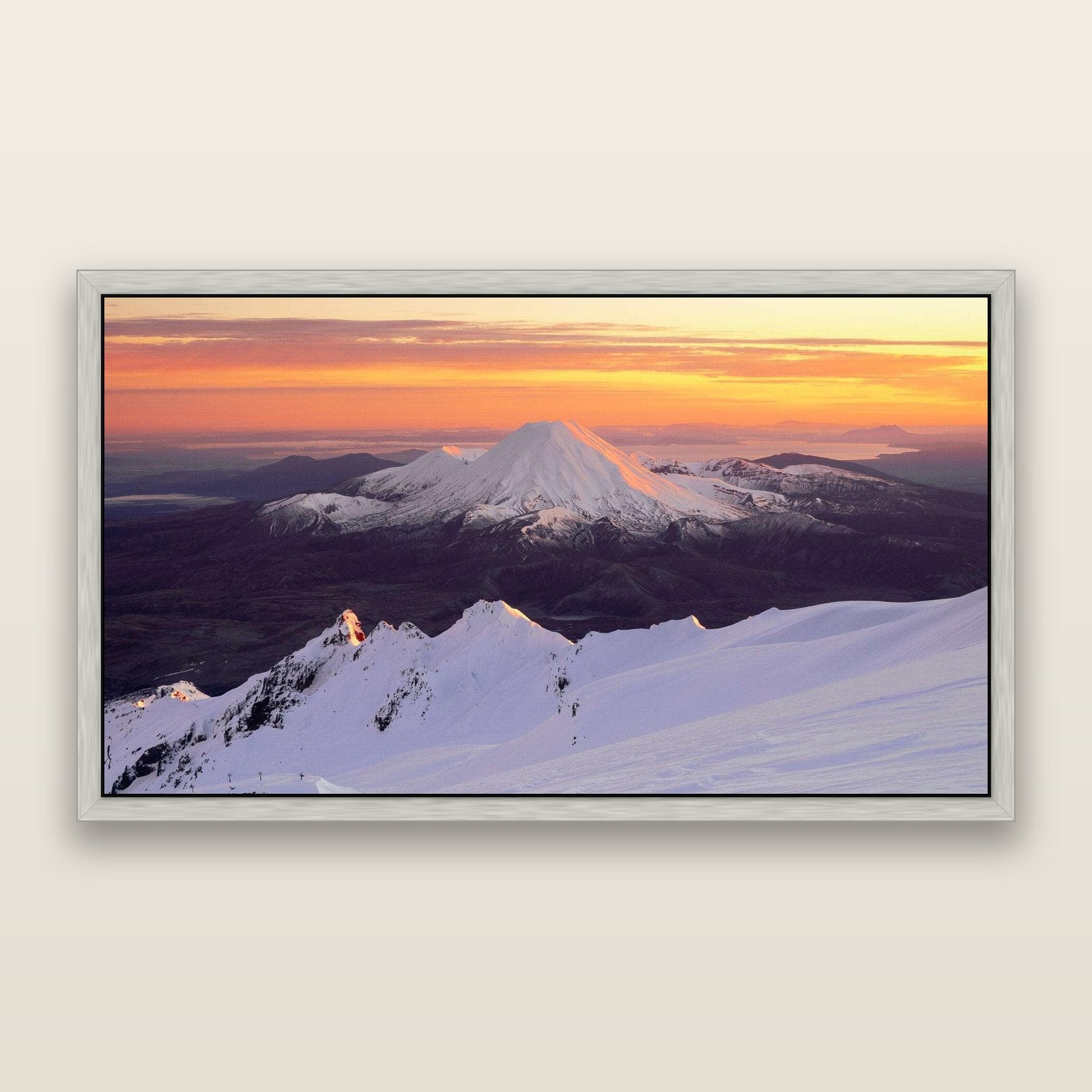Volcanic Light, Mount Ngauruhoe — framed metallic canvas print, Antique Silver frame. New Zealand fine art landscape wall art by Stephen Milner.