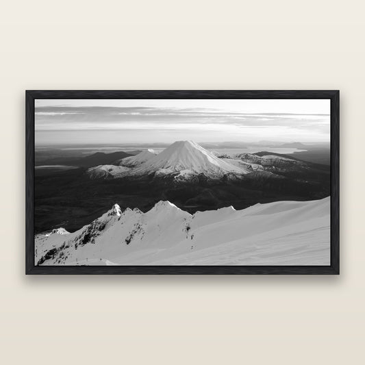 Volcanic Light, Mount Ngauruhoe, black and white framed metallic canvas print, Black frame. New Zealand fine art wall art by Stephen Milner.