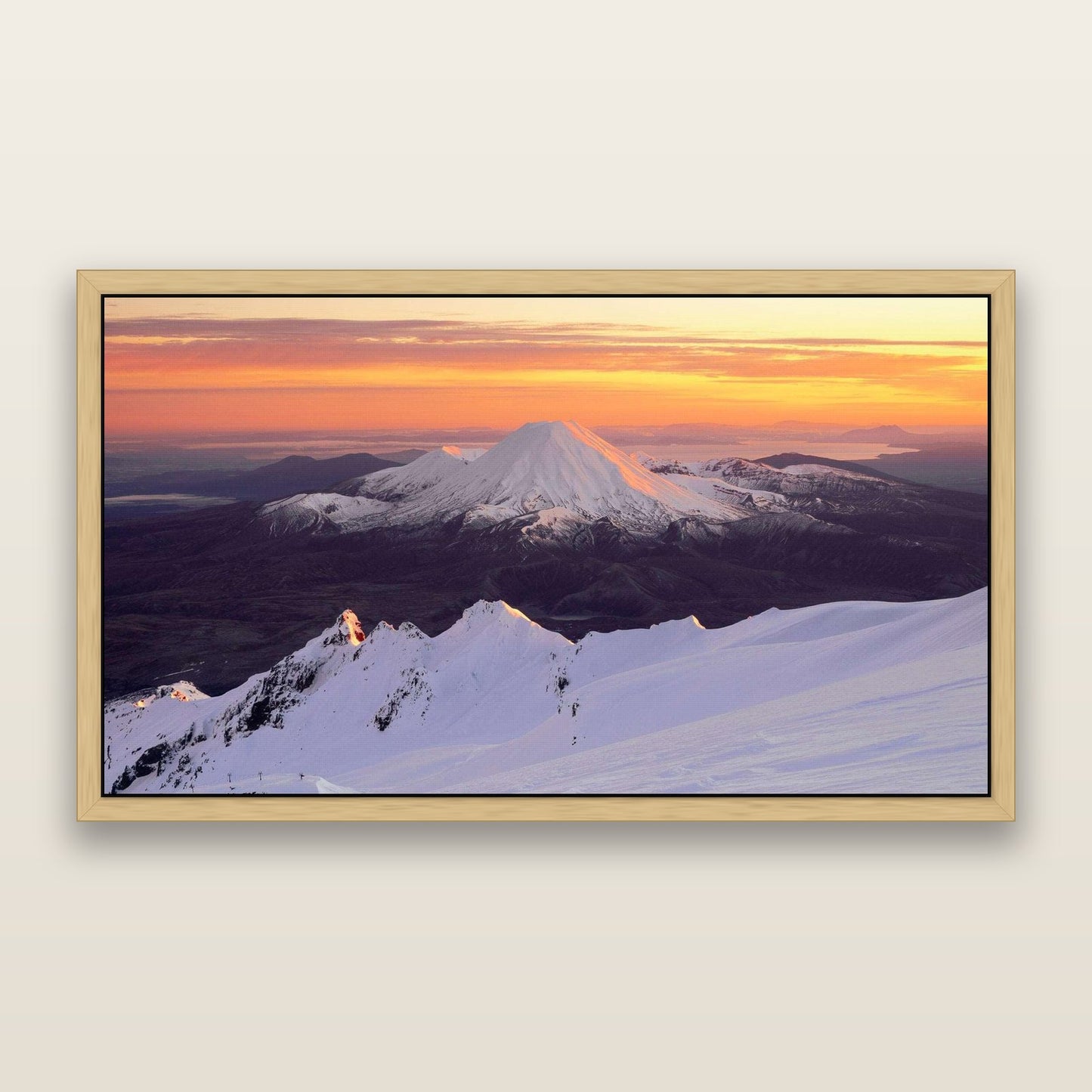 Volcanic Light, Mount Ngauruhoe — framed metallic canvas print, Natural frame. New Zealand fine art landscape wall art by Stephen Milner.