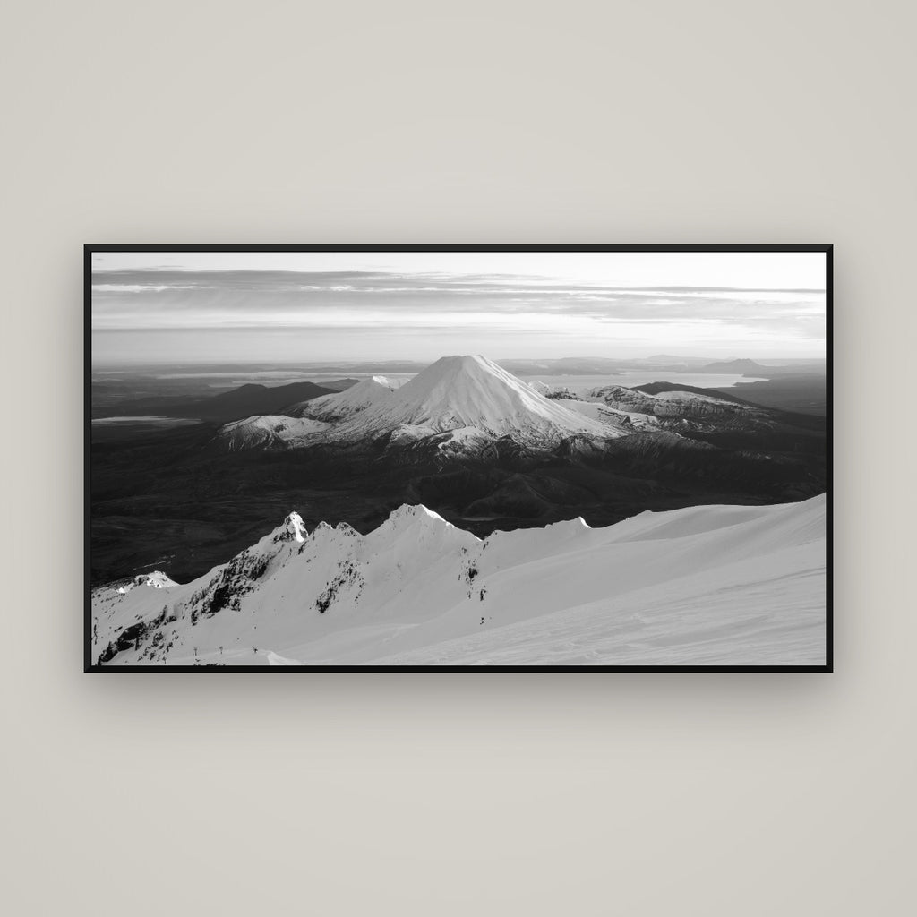 Volcanic Light, Mount Ngauruhoe — Basel Black Matte, 160×90 cm. New Zealand fine art wall art by Stephen Milner.