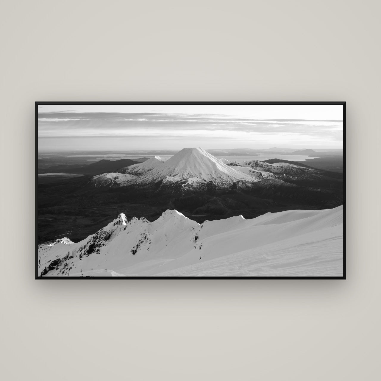 Volcanic Light, Mount Ngauruhoe — Basel Black, 160×90 cm. New Zealand fine art wall art by Stephen Milner.