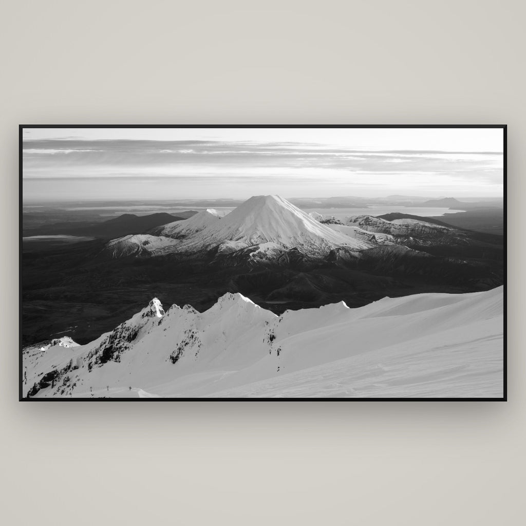Volcanic Light, Mount Ngauruhoe — Basel Black Matte, 196×110 cm. New Zealand fine art wall art by Stephen Milner.