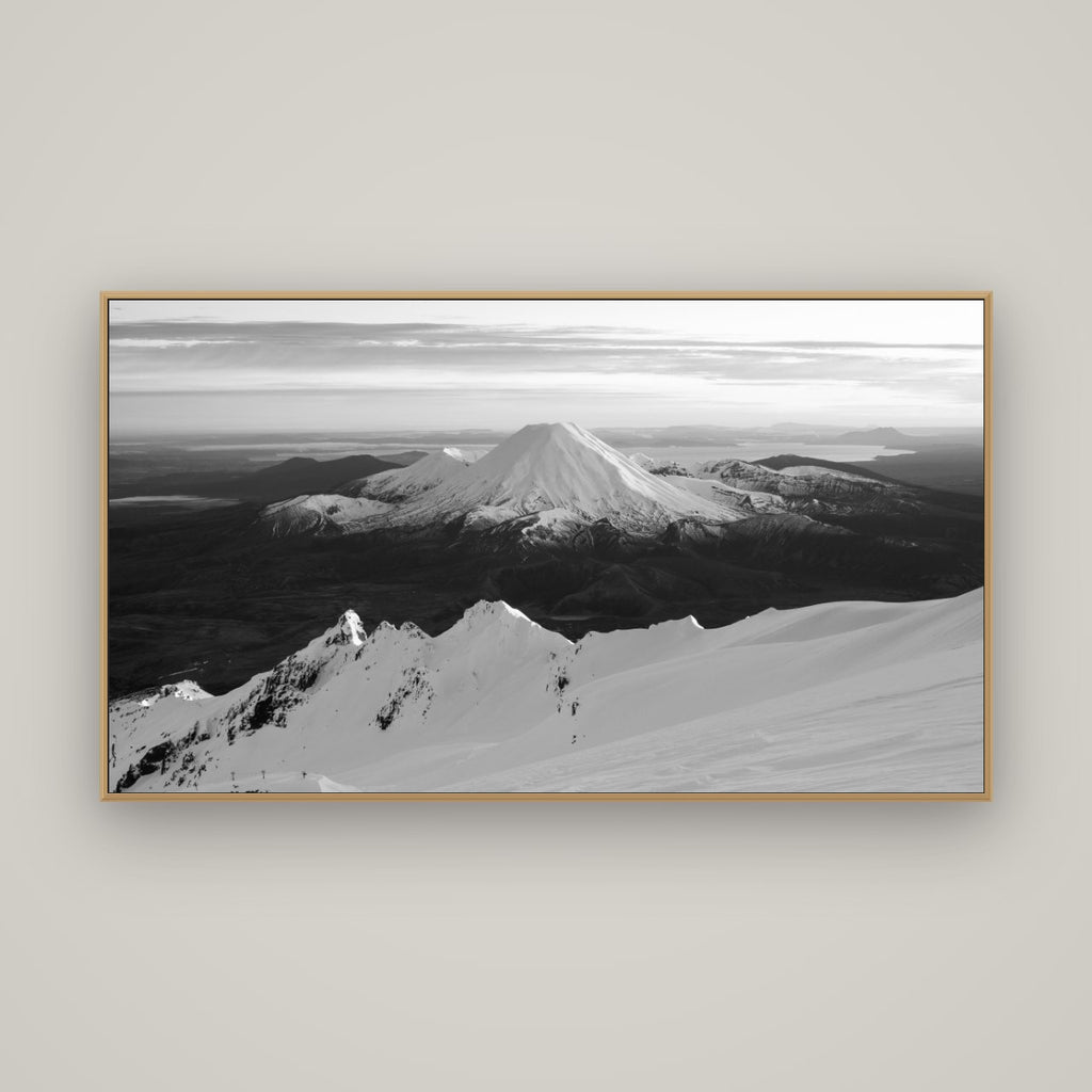 Volcanic Light, Mount Ngauruhoe, Basel Natural Oak, 160×90 cm. New Zealand fine art wall art by Stephen Milner.
