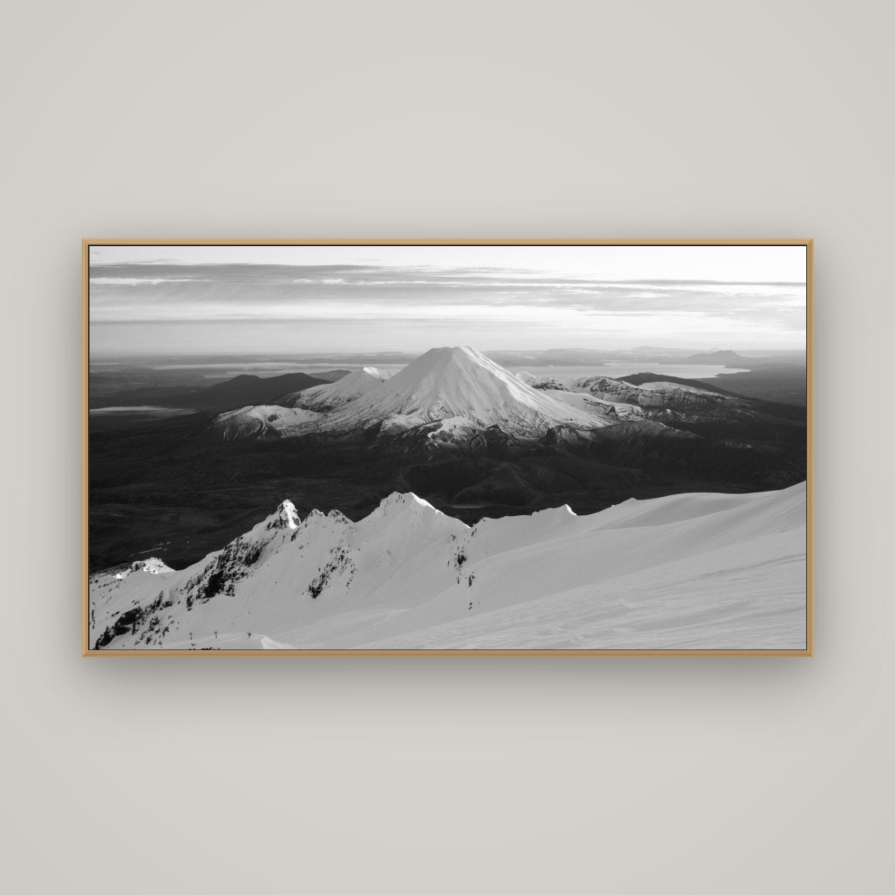 Volcanic Light, Mount Ngauruhoe, Basel Natural Oak, 160×90 cm. New Zealand fine art wall art by Stephen Milner.