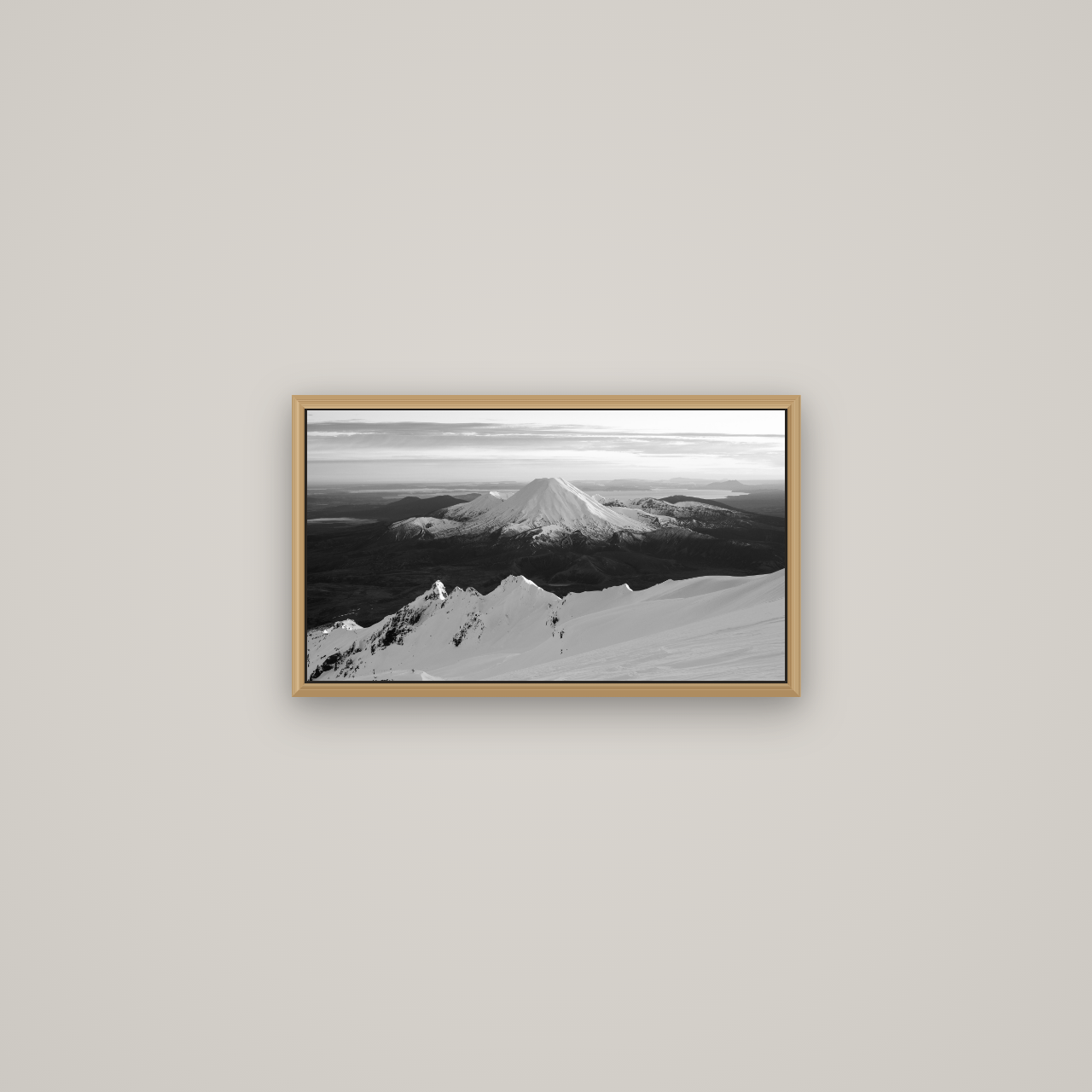 Volcanic Light, Mount Ngauruhoe, Basel Natural Oak, 53×30 cm. New Zealand fine art wall art by Stephen Milner.