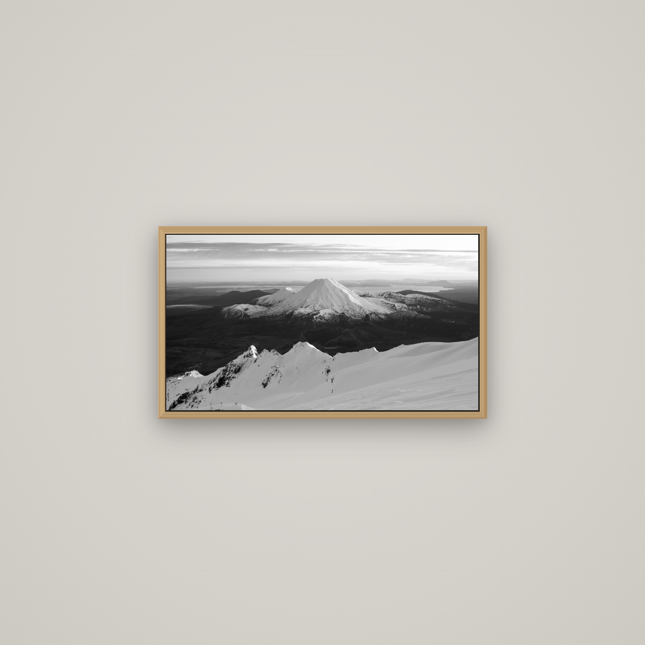 Volcanic Light, Mount Ngauruhoe, Basel Natural Oak, 64×36 cm. New Zealand fine art wall art by Stephen Milner.
