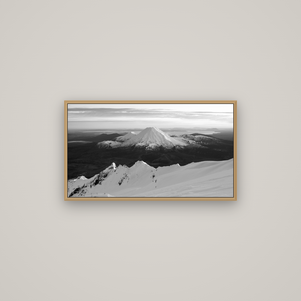 Volcanic Light, Mount Ngauruhoe, Basel Natural Oak, 80×45 cm. New Zealand fine art wall art by Stephen Milner.