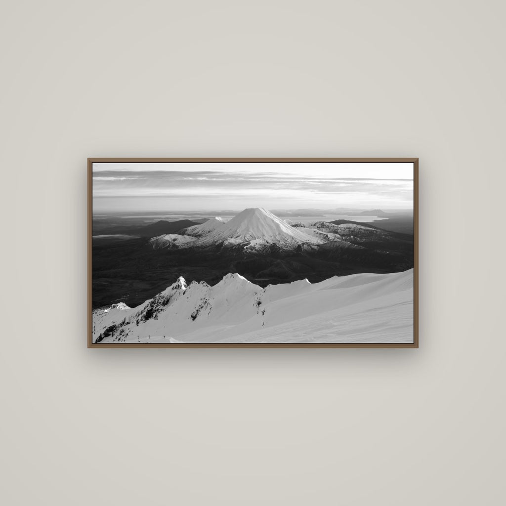 Volcanic Light, Mount Ngauruhoe, Basel Walnut, 107×60 cm. New Zealand fine art wall art by Stephen Milner.