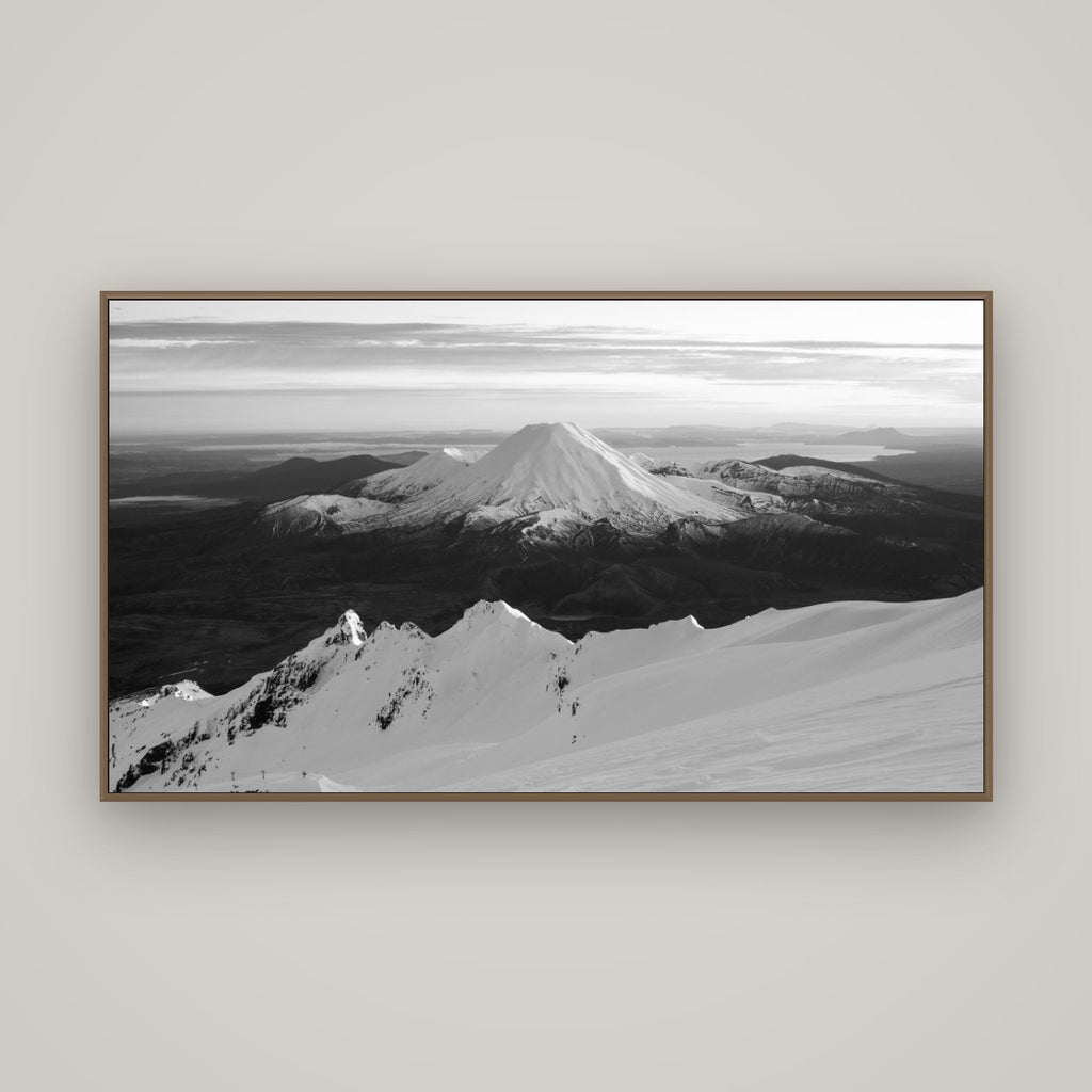 Volcanic Light, Mount Ngauruhoe, Basel Walnut, 160×90 cm. New Zealand fine art wall art by Stephen Milner.