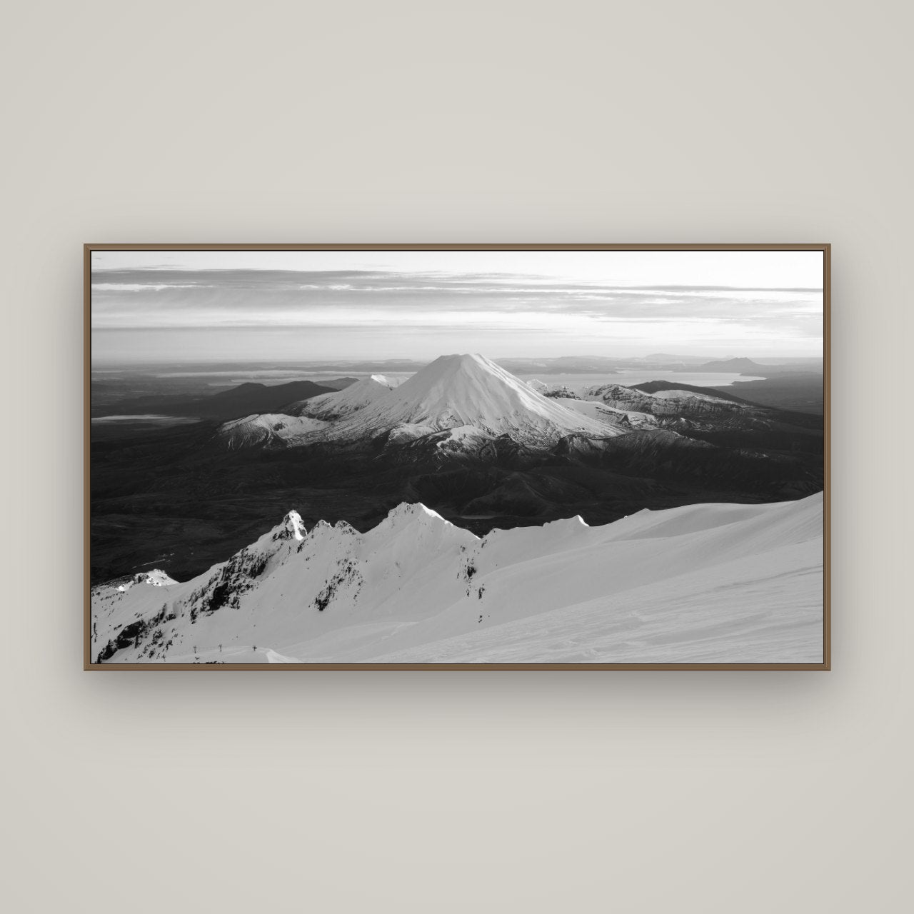 Volcanic Light, Mount Ngauruhoe, Basel Walnut, 160×90 cm. New Zealand fine art wall art by Stephen Milner.