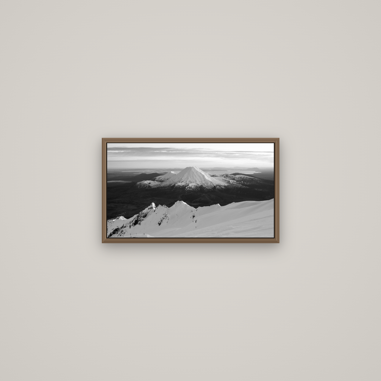 Volcanic Light, Mount Ngauruhoe, Basel Walnut, 53×30 cm. New Zealand fine art wall art by Stephen Milner.
