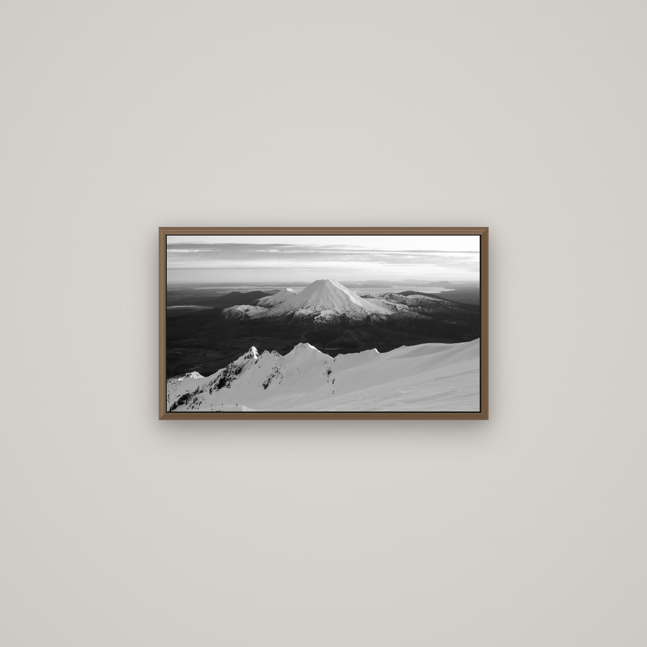Volcanic Light, Mount Ngauruhoe, Basel Walnut, 64×36 cm. New Zealand fine art wall art by Stephen Milner.