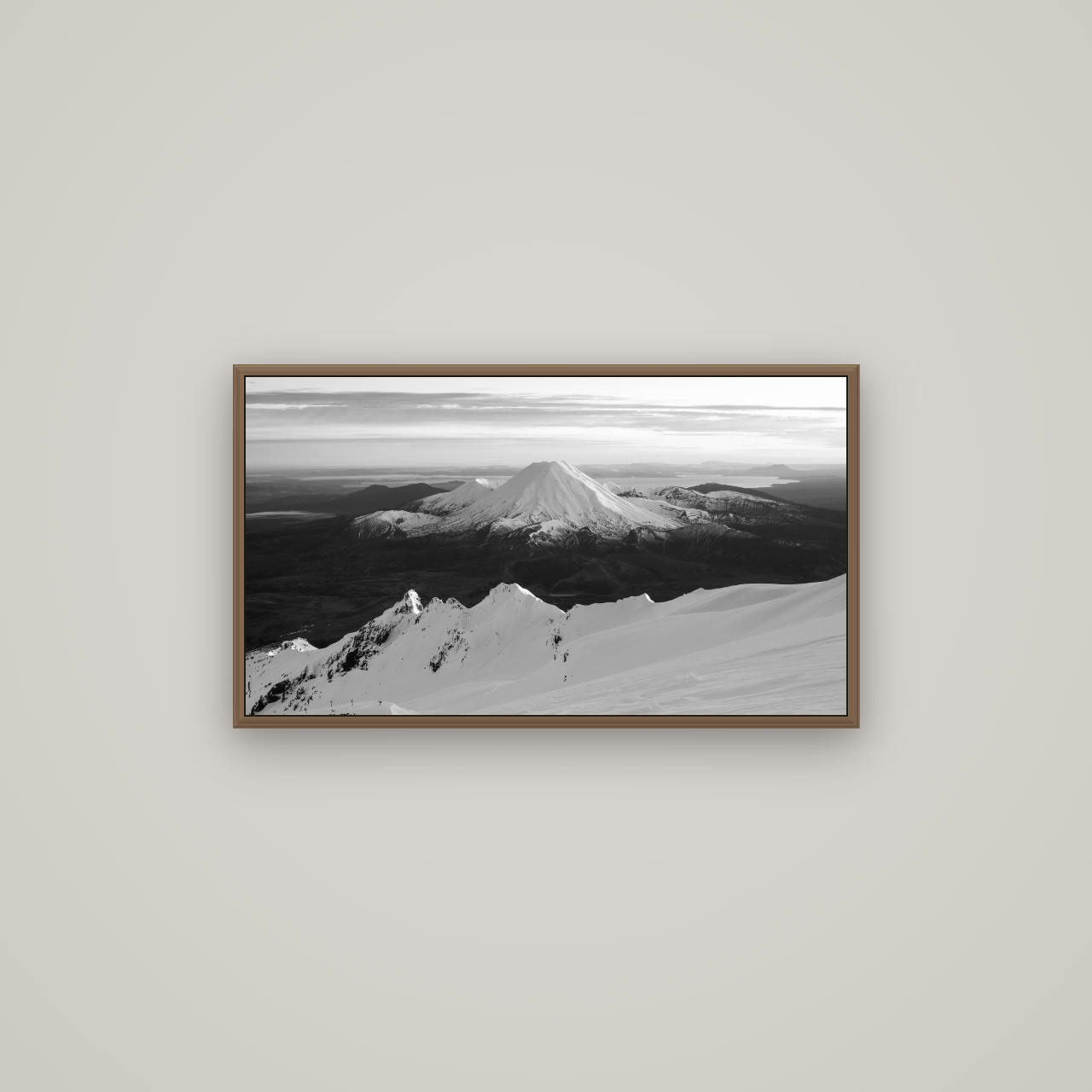 Volcanic Light, Mount Ngauruhoe, Basel Walnut, 80×45 cm. New Zealand fine art wall art by Stephen Milner.