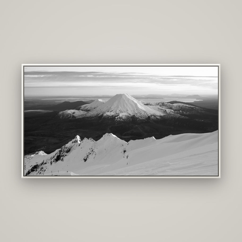 Volcanic Light, Mount Ngauruhoe — Basel White, 160×90 cm. New Zealand fine art wall art by Stephen Milner.