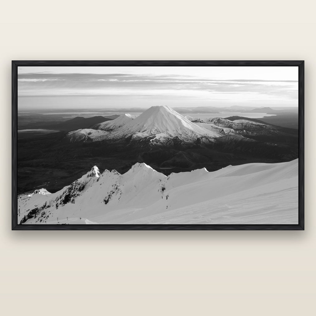 Volcanic Light, Mount Ngauruhoe — black float frame canvas, 200 × 130 cm. New Zealand fine art landscape wall art by Stephen Milner.