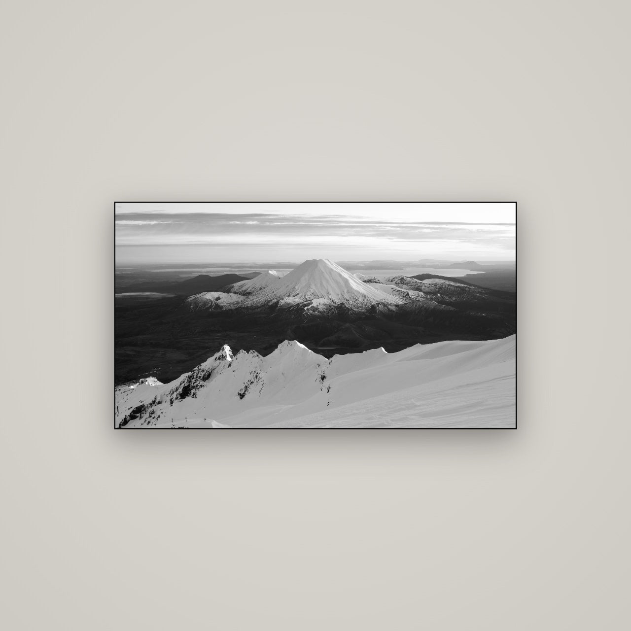 Volcanic Light, Mount Ngauruhoe — Slimline Black, 107×60 cm. New Zealand fine art wall art by Stephen Milner.