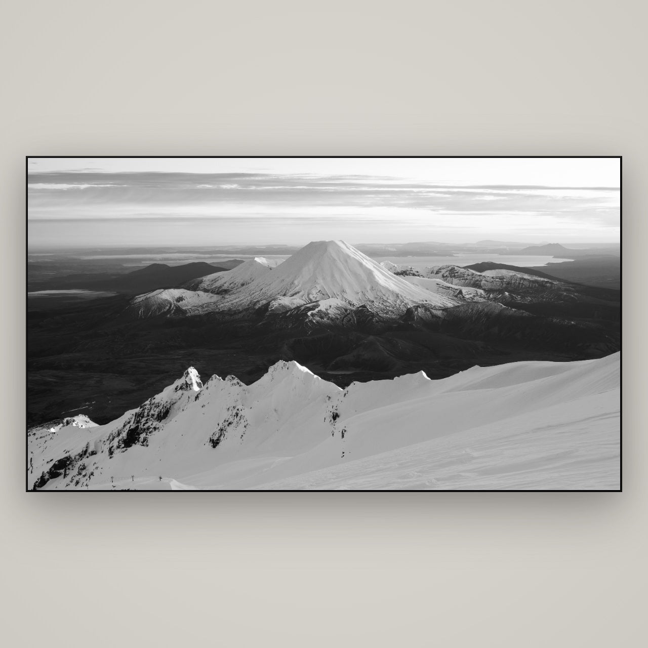 Volcanic Light, Mount Ngauruhoe — Slimline Black, 196×110 cm. New Zealand fine art wall art by Stephen Milner.