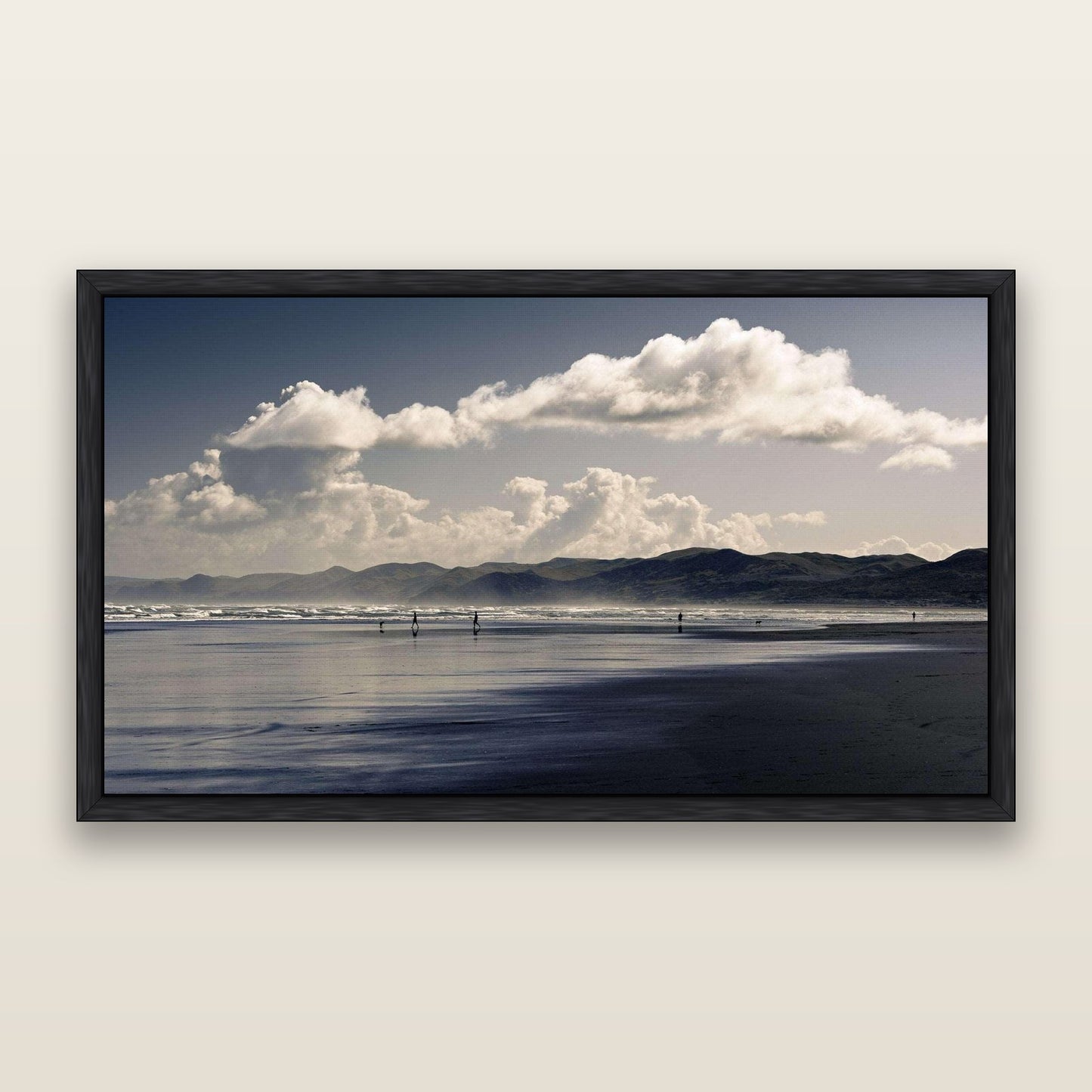 Walking the Black Sands, Raglan — framed metallic canvas print, Black frame. New Zealand fine art landscape wall art by Stephen Milner.
