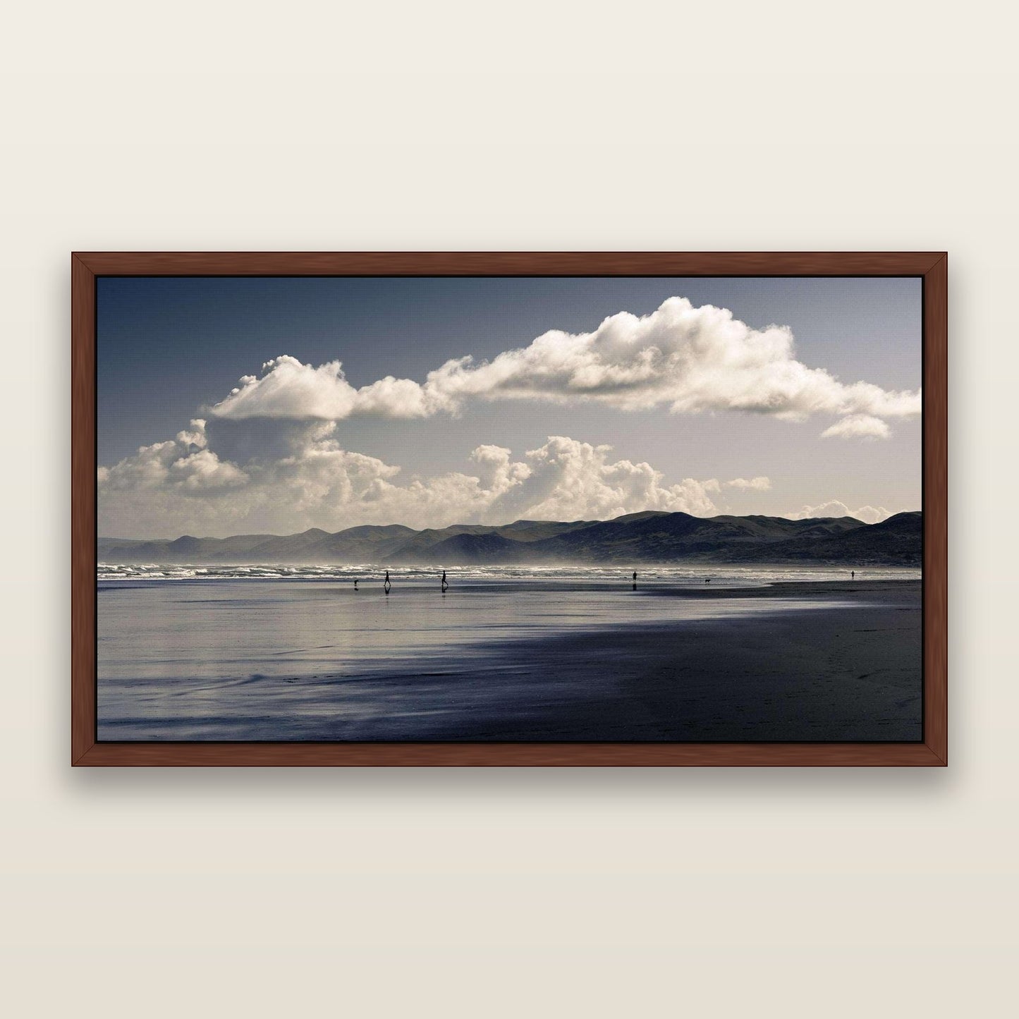 Walking the Black Sands, Raglan — framed metallic canvas print, Brown frame. New Zealand fine art landscape wall art by Stephen Milner.