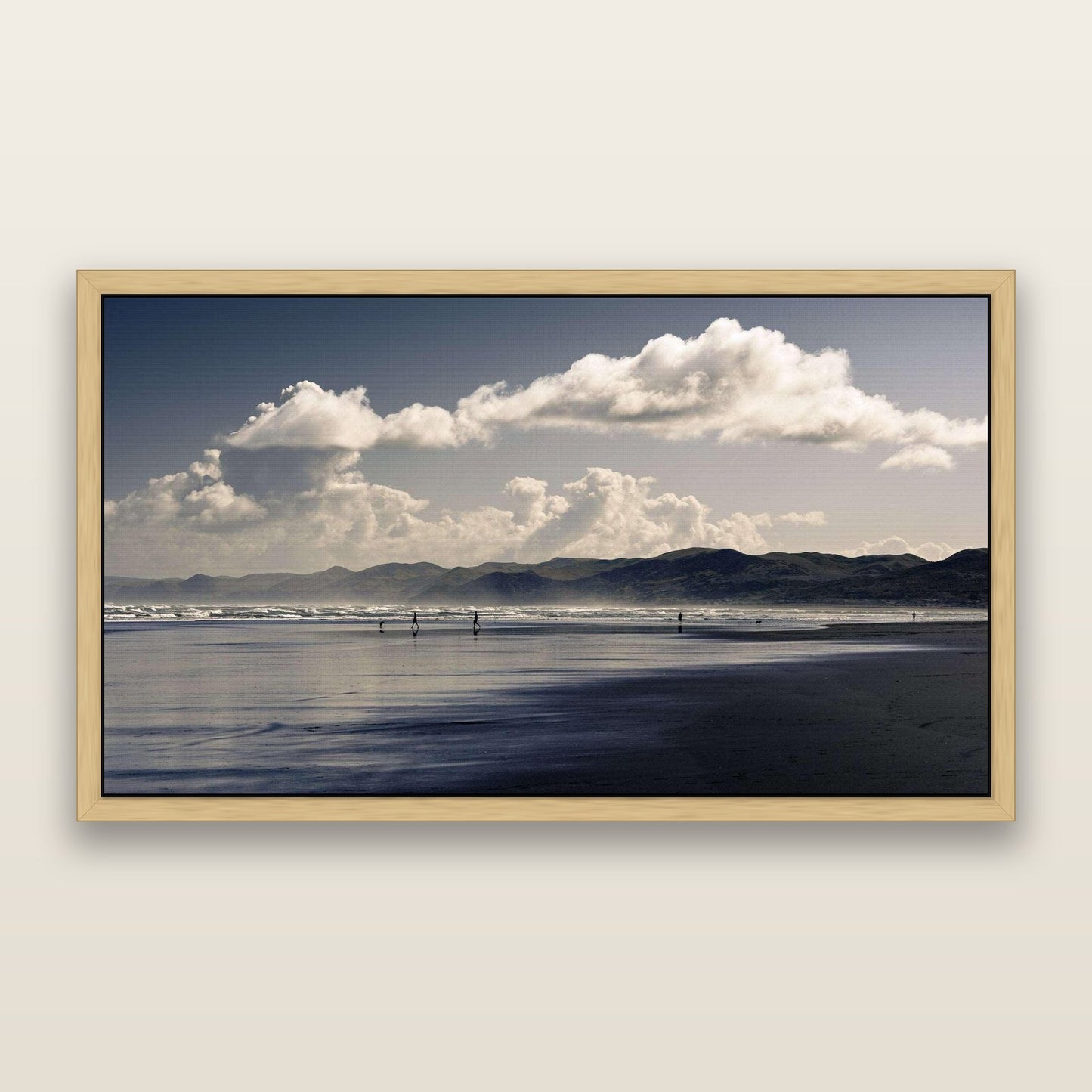 Walking the Black Sands, Raglan — framed metallic canvas print, Natural frame. New Zealand fine art landscape wall art by Stephen Milner.