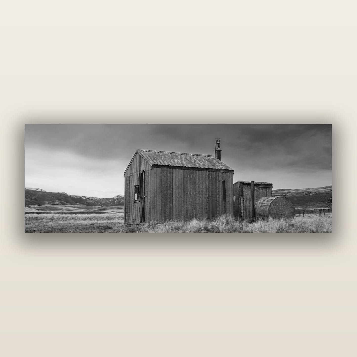 Whispers of Solitude, The Iron Hut — black and white frameless acrylic glass print. New Zealand fine art photography by Stephen Milner.