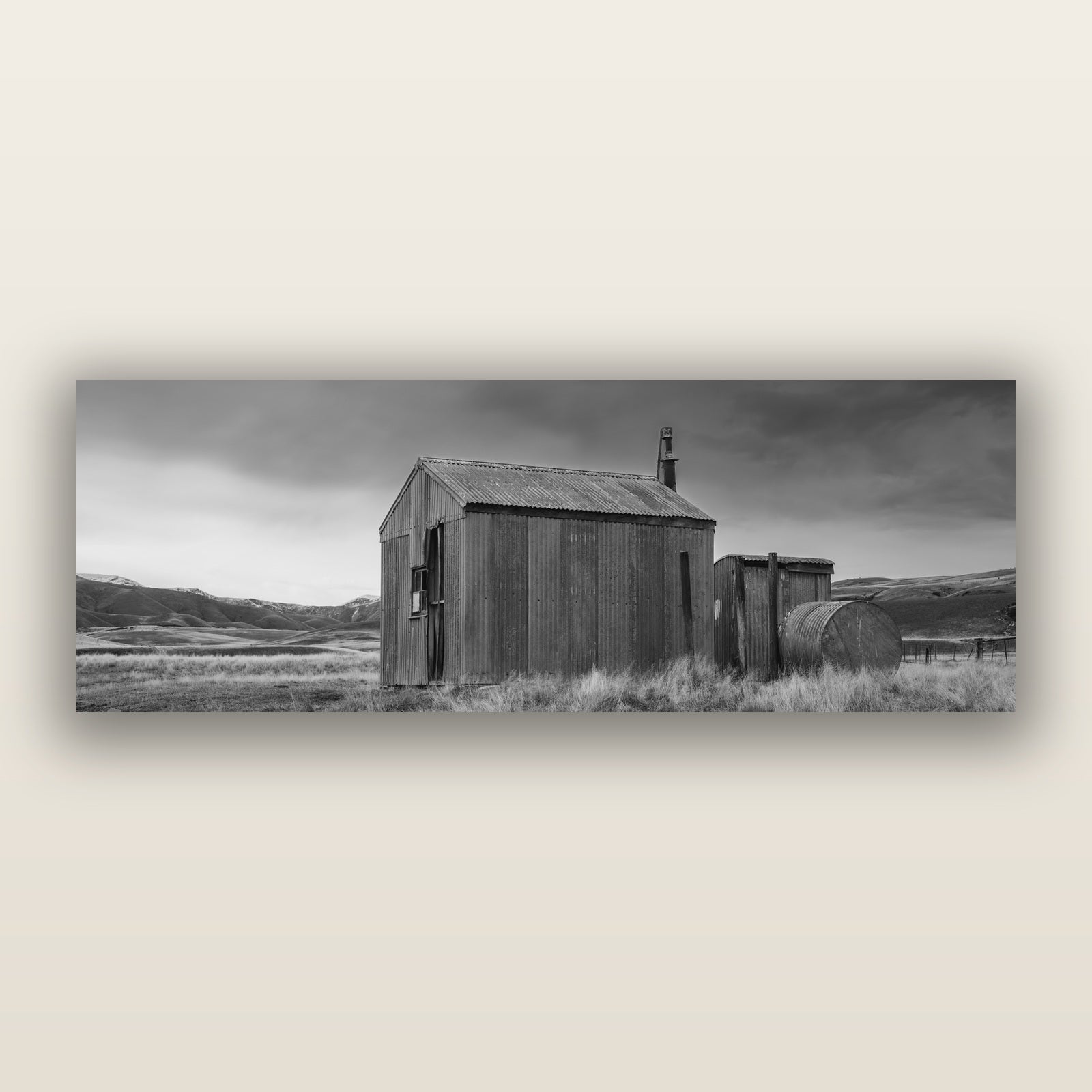 Whispers of Solitude, The Iron Hut, black and white frameless acrylic glass print. New Zealand fine art photography by Stephen Milner.