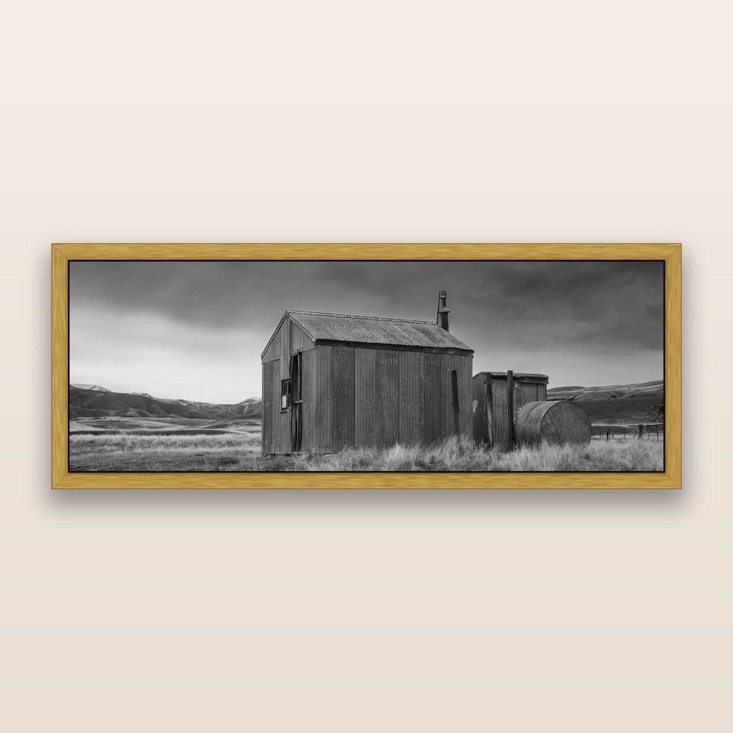 Whispers of Solitude, The Iron Hut — black and white framed metallic canvas print, Antique Gold frame. New Zealand fine art wall art by Stephen Milner.