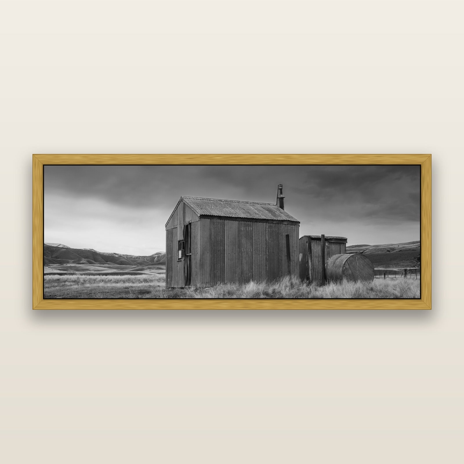 Whispers of Solitude, The Iron Hut, black and white framed metallic canvas print, Antique Gold frame. New Zealand fine art wall art by Stephen Milner.