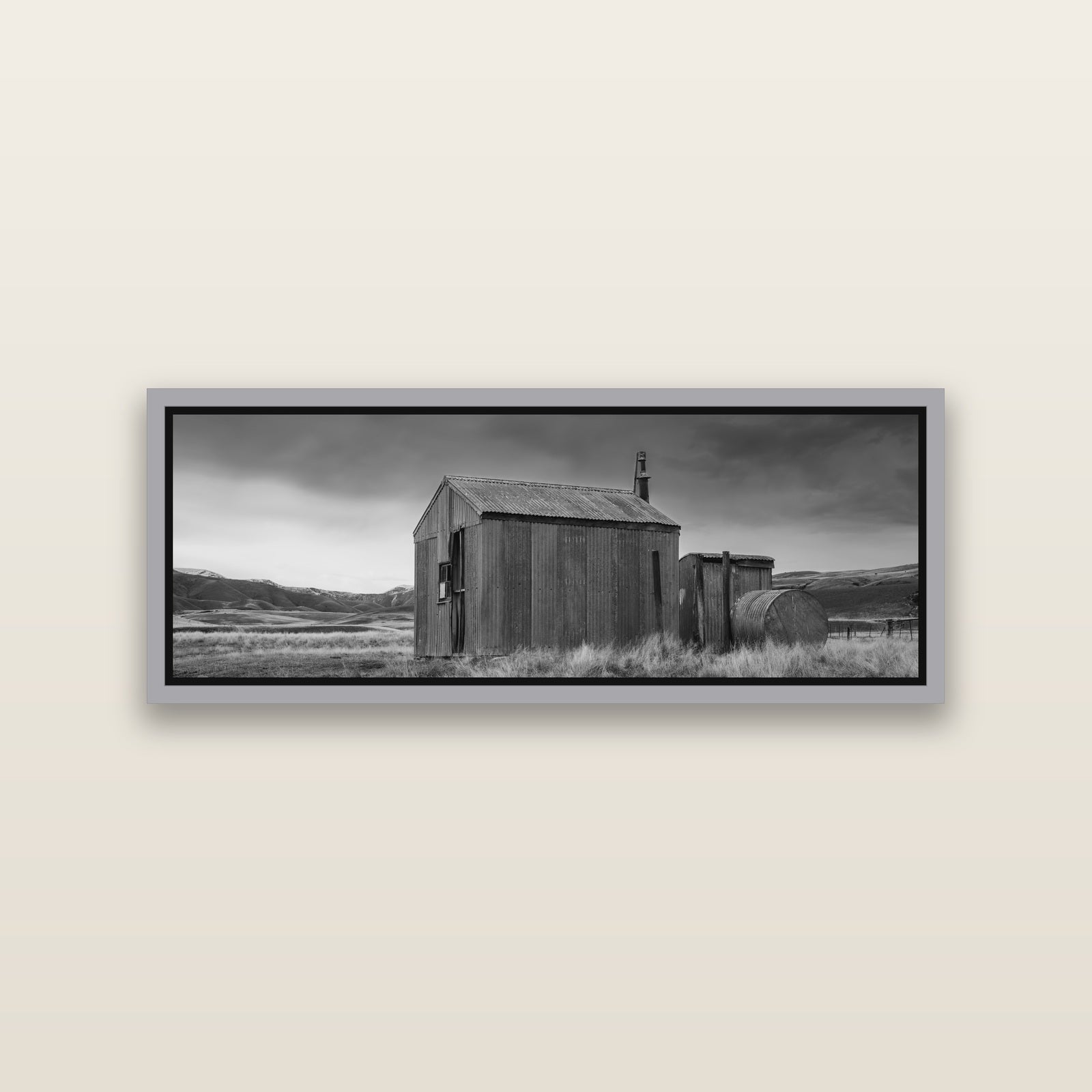 Whispers of Solitude, The Iron Hut — Antique Silver framed metallic canvas print, small 86 × 30 cm. New Zealand fine art landscape wall art by Stephen Milner.