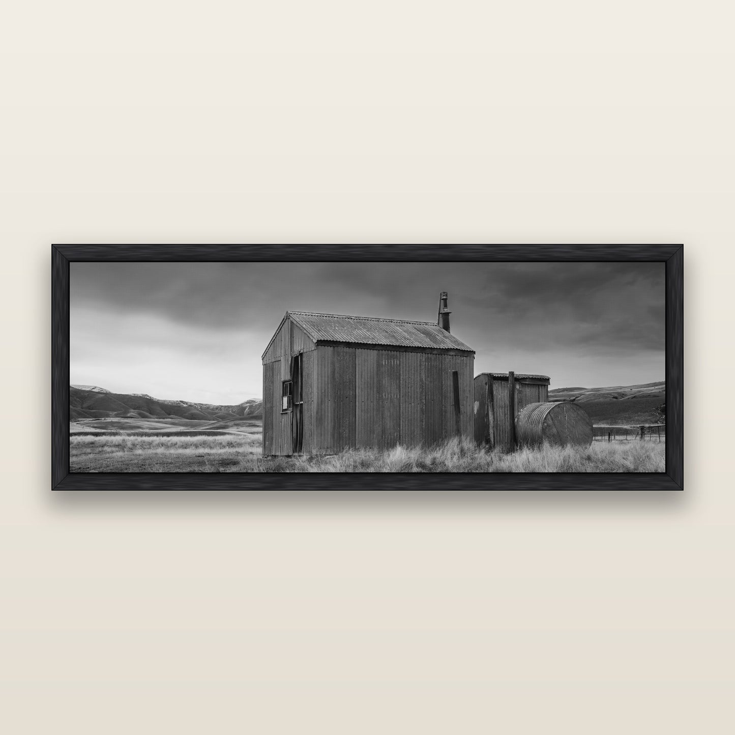 Whispers of Solitude, The Iron Hut — black and white framed metallic canvas print, Black frame. New Zealand fine art wall art by Stephen Milner.