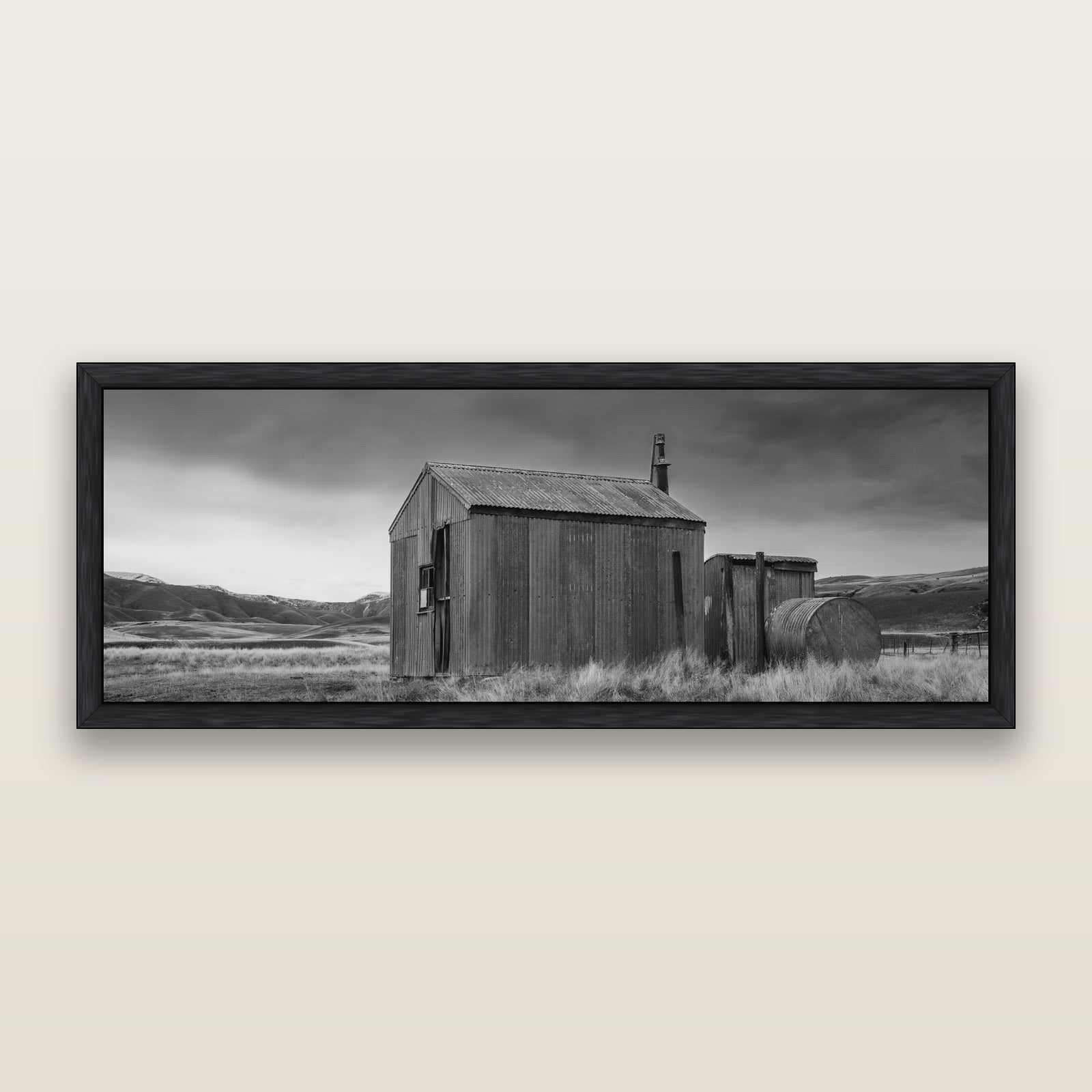 Whispers of Solitude, The Iron Hut — black and white framed metallic canvas print, Black frame. New Zealand fine art wall art by Stephen Milner.