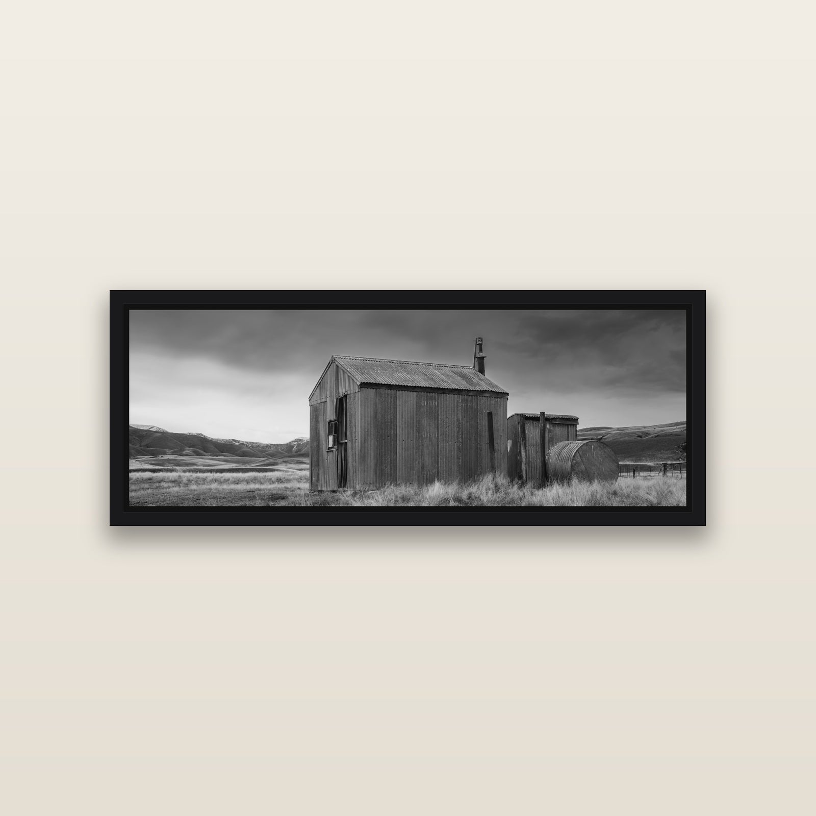Whispers of Solitude, The Iron Hut — Black framed metallic canvas print, small 86 × 30 cm. New Zealand fine art landscape wall art by Stephen Milner.