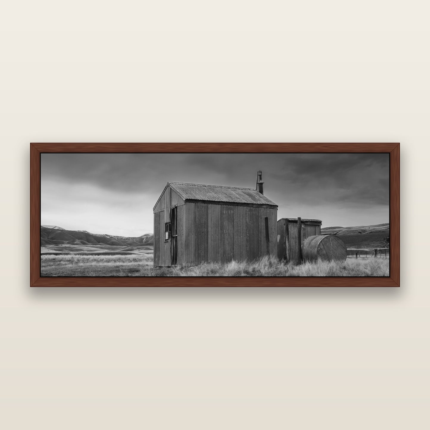 Whispers of Solitude, The Iron Hut — black and white framed metallic canvas print, Brown frame. New Zealand fine art wall art by Stephen Milner.