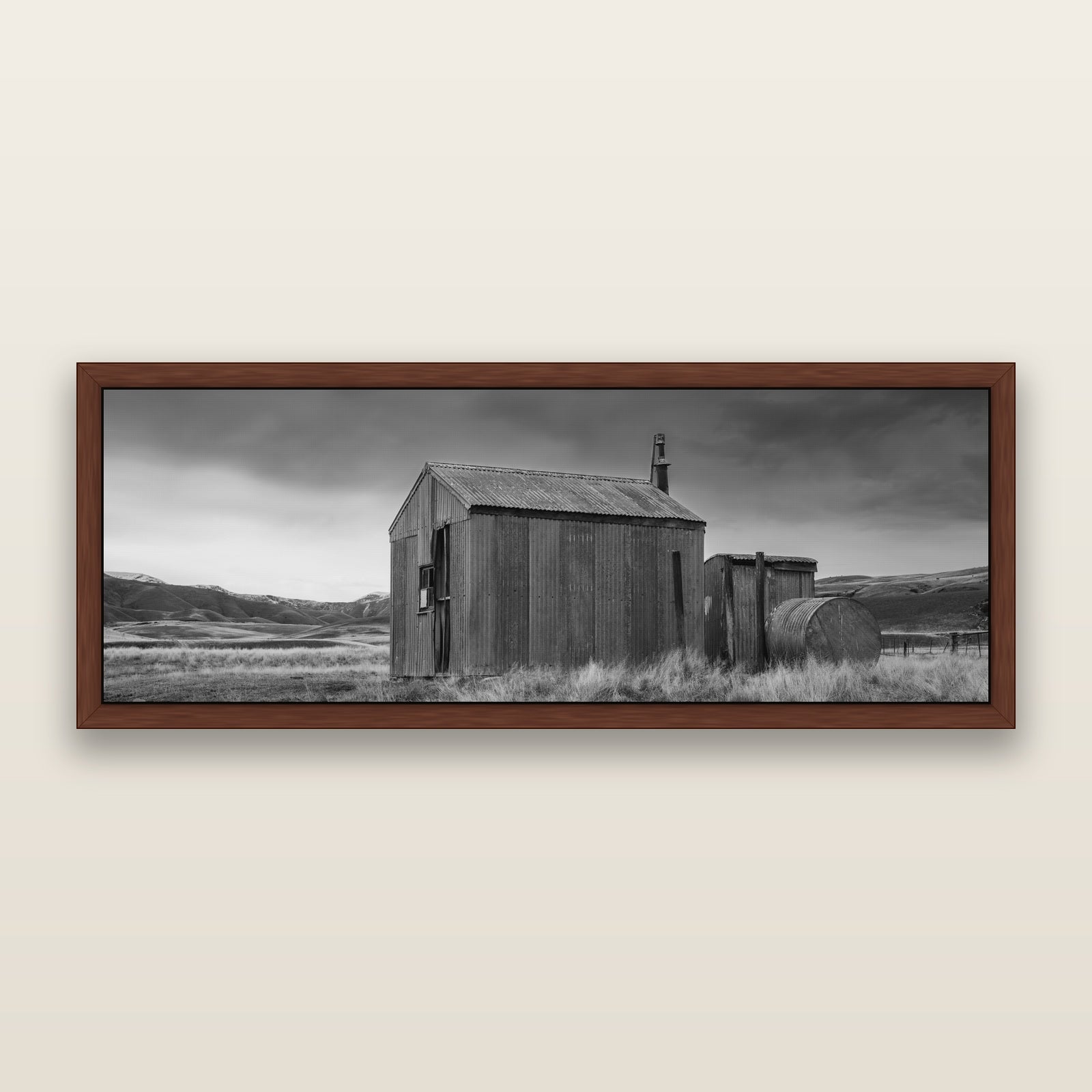 Whispers of Solitude, The Iron Hut, black and white framed metallic canvas print, Brown frame. New Zealand fine art wall art by Stephen Milner.