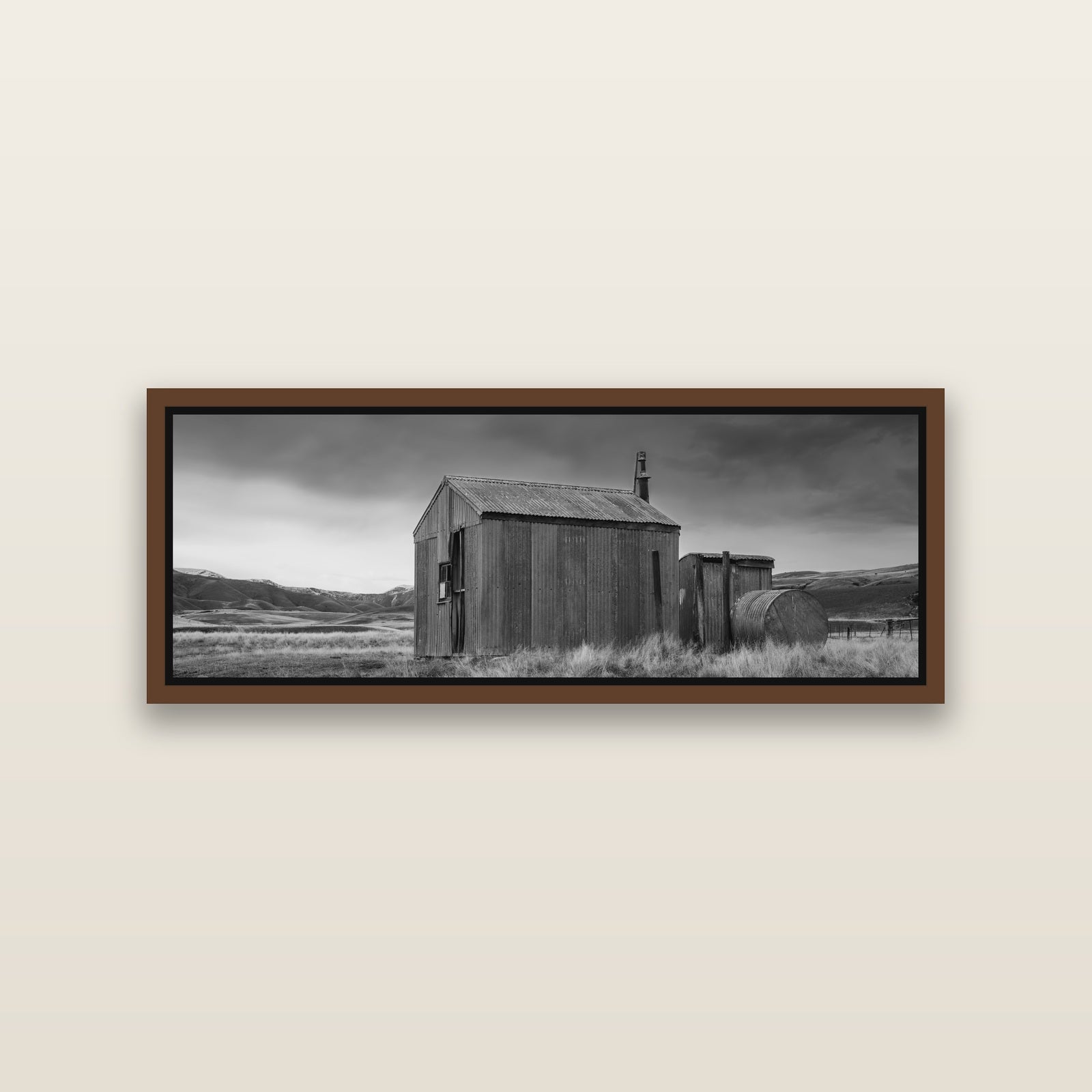 Whispers of Solitude, The Iron Hut — Brown framed metallic canvas print, small 86 × 30 cm. New Zealand fine art landscape wall art by Stephen Milner.