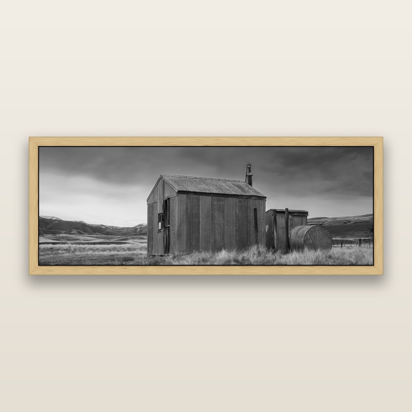Whispers of Solitude, The Iron Hut — black and white framed metallic canvas print, Natural frame. New Zealand fine art wall art by Stephen Milner.