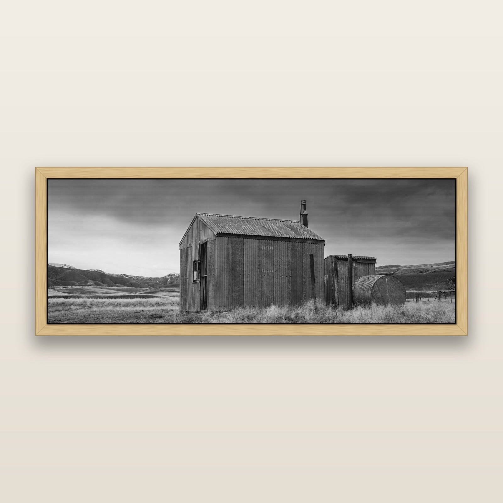 Whispers of Solitude, The Iron Hut, black and white framed metallic canvas print, Natural frame. New Zealand fine art wall art by Stephen Milner.