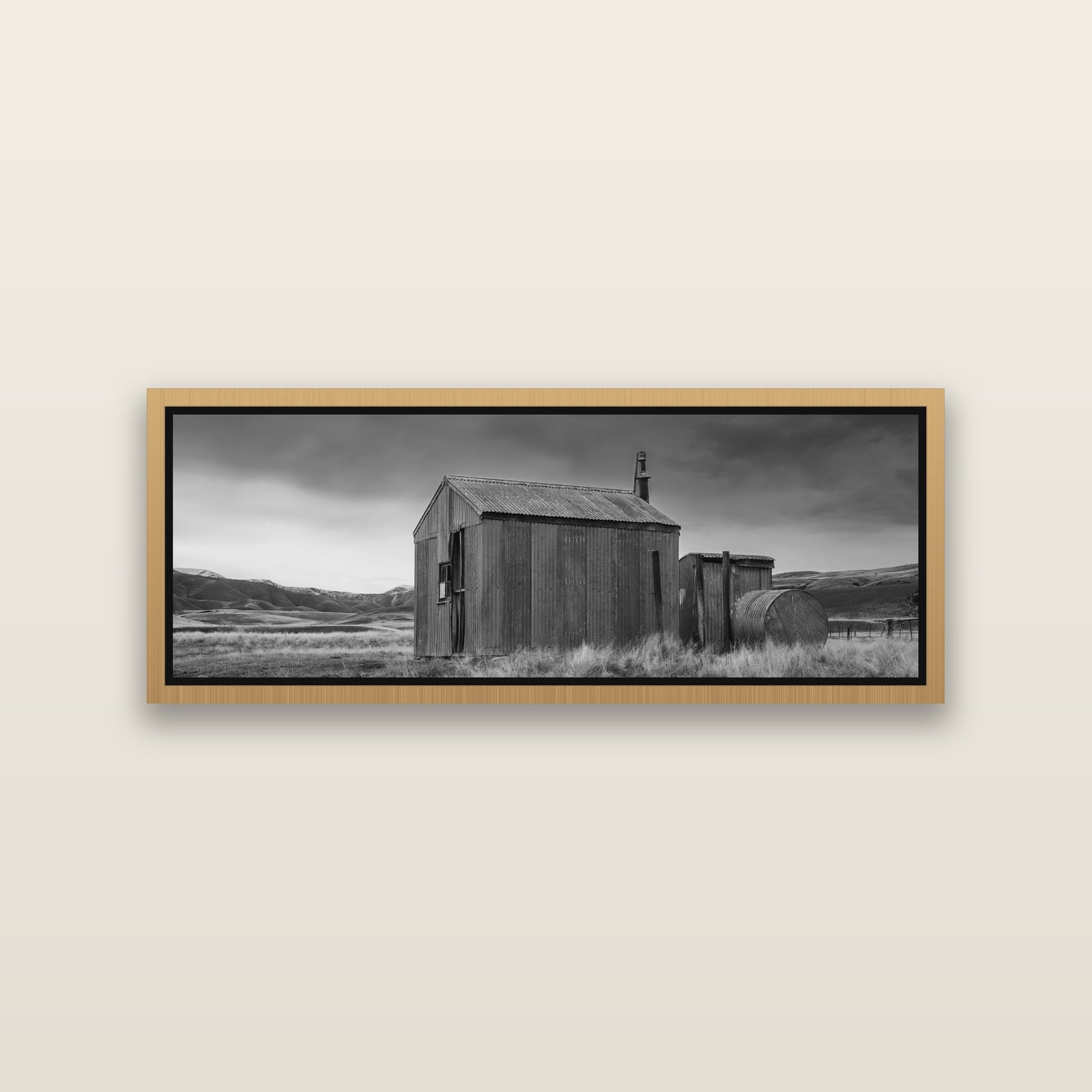 Whispers of Solitude, The Iron Hut — Natural framed metallic canvas print, small 86 × 30 cm. New Zealand fine art landscape wall art by Stephen Milner.
