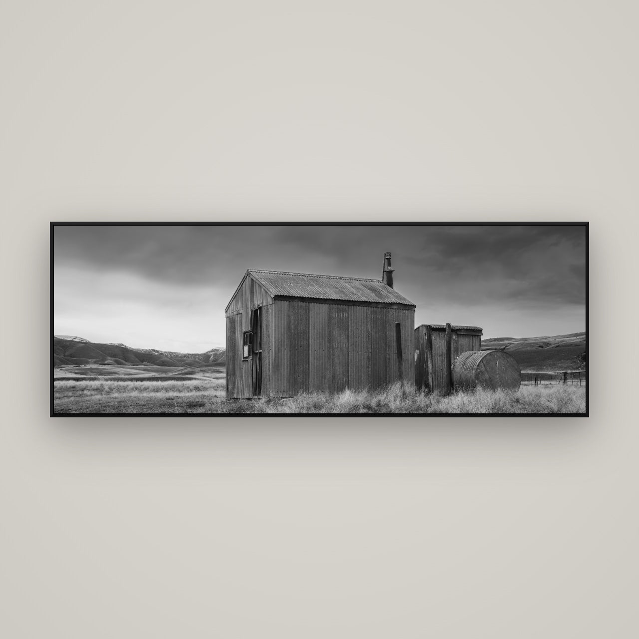 Whispers of Solitude, The Iron Hut — ArtBox Black, 170×60 cm. New Zealand fine art wall art by Stephen Milner.