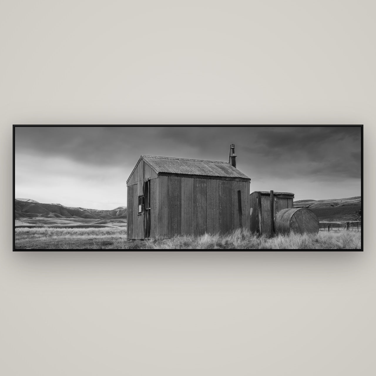 Whispers of Solitude, The Iron Hut — ArtBox Black, 198×70 cm. New Zealand fine art wall art by Stephen Milner.