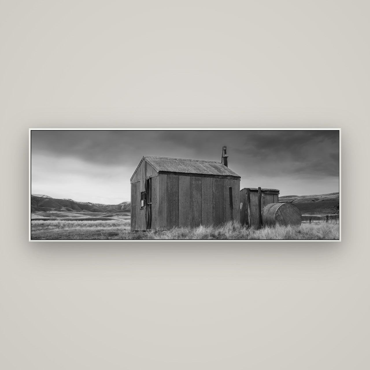 Whispers of Solitude, The Iron Hut — ArtBox White, 170×60 cm. New Zealand fine art wall art by Stephen Milner.