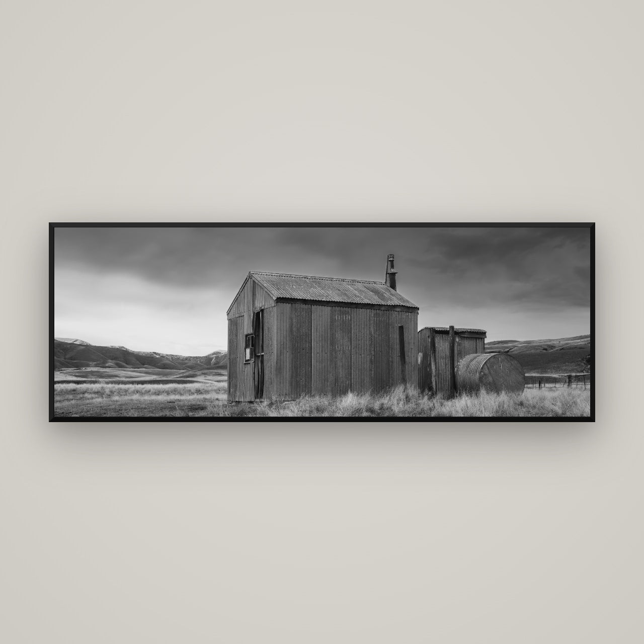 Whispers of Solitude, The Iron Hut — Basel Black, 170×60 cm. New Zealand fine art wall art by Stephen Milner.