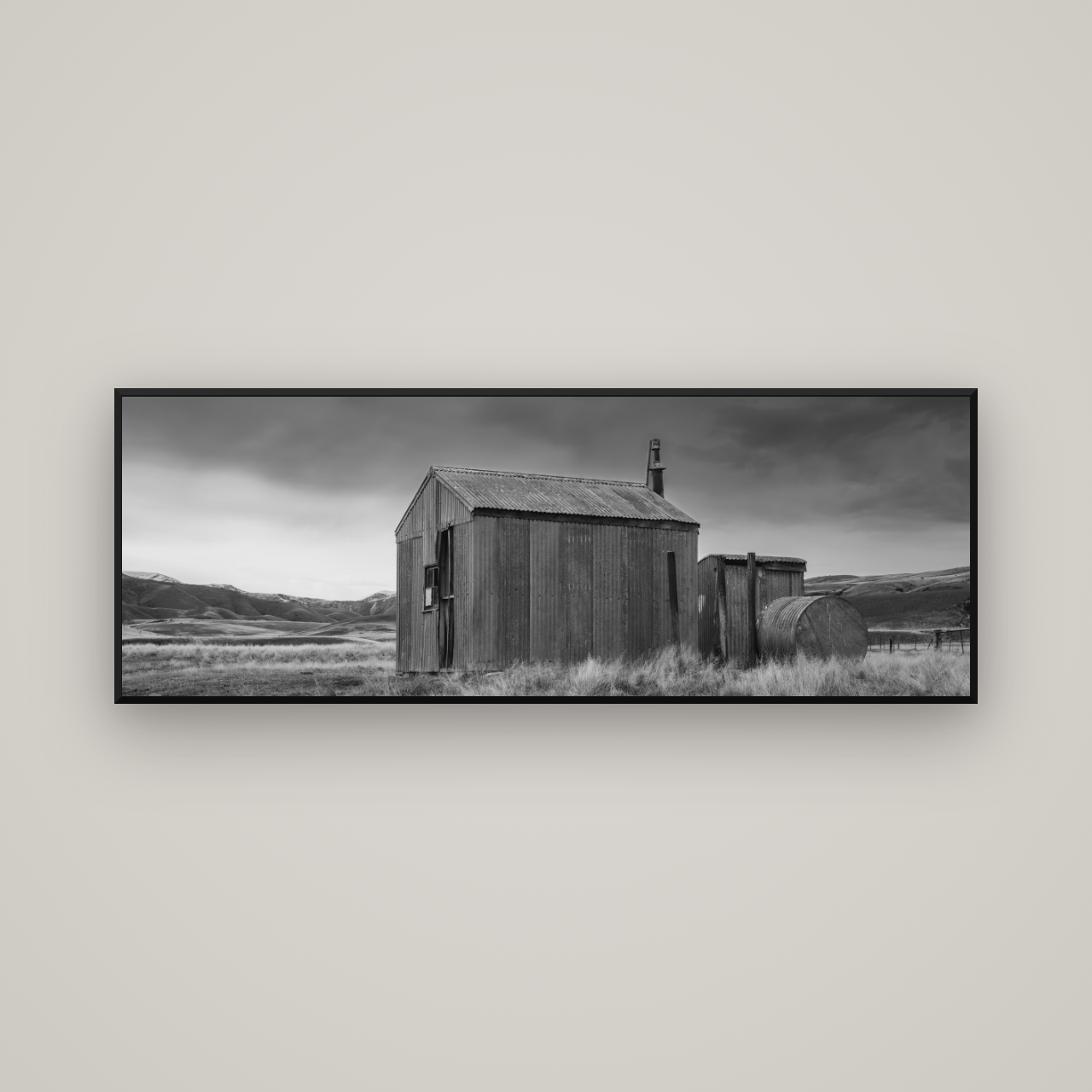 Whispers of Solitude, The Iron Hut — Basel Black Matte, 170×60 cm. New Zealand fine art wall art by Stephen Milner.