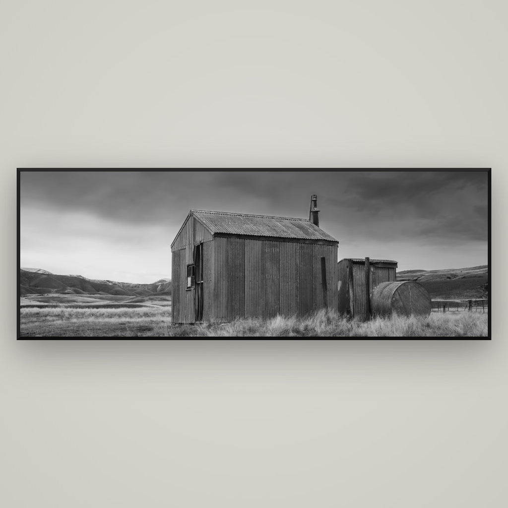 Whispers of Solitude, The Iron Hut — Basel Black Matte, 198×70 cm. New Zealand fine art wall art by Stephen Milner.