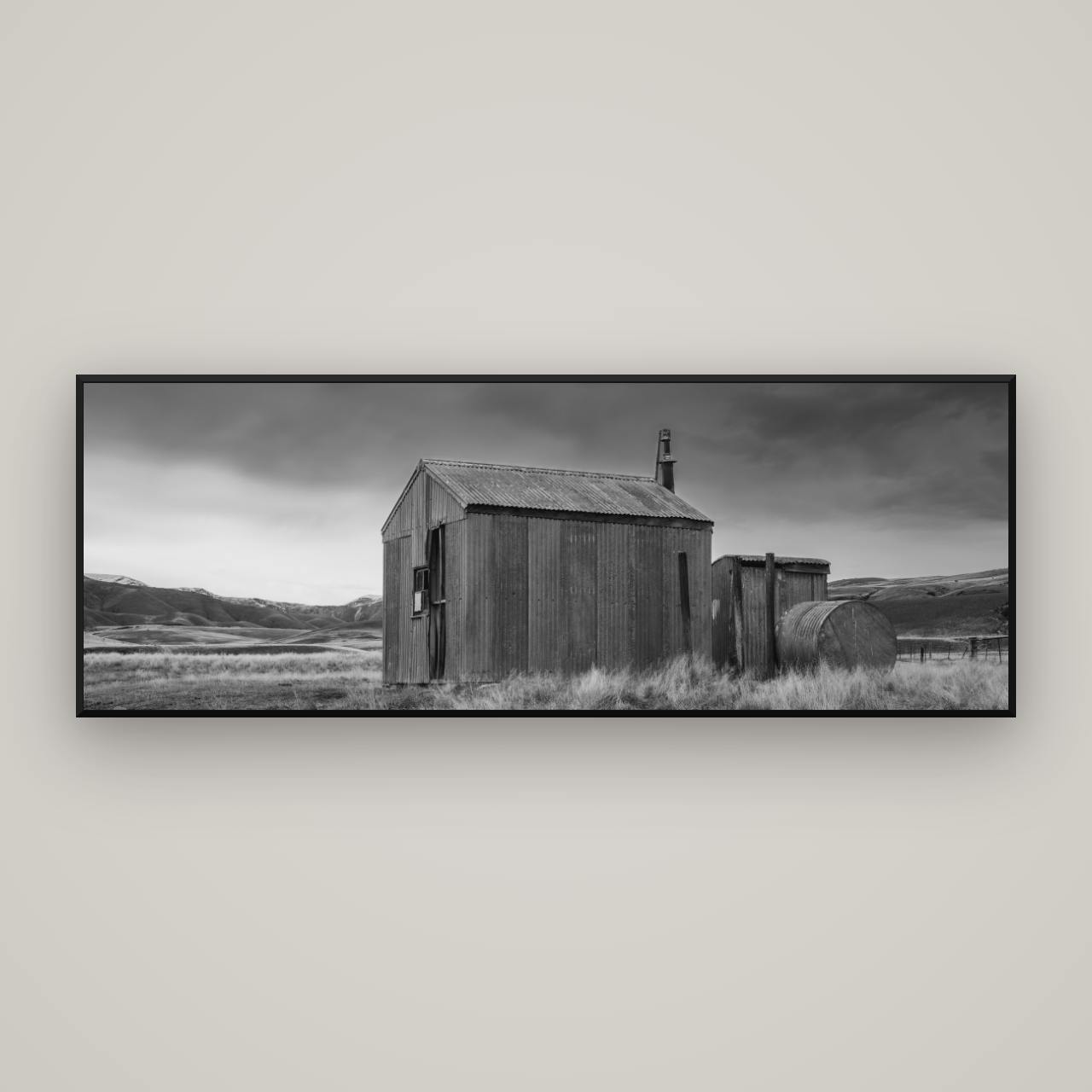 Whispers of Solitude, The Iron Hut — Basel Black Matte, 198×70 cm. New Zealand fine art wall art by Stephen Milner.