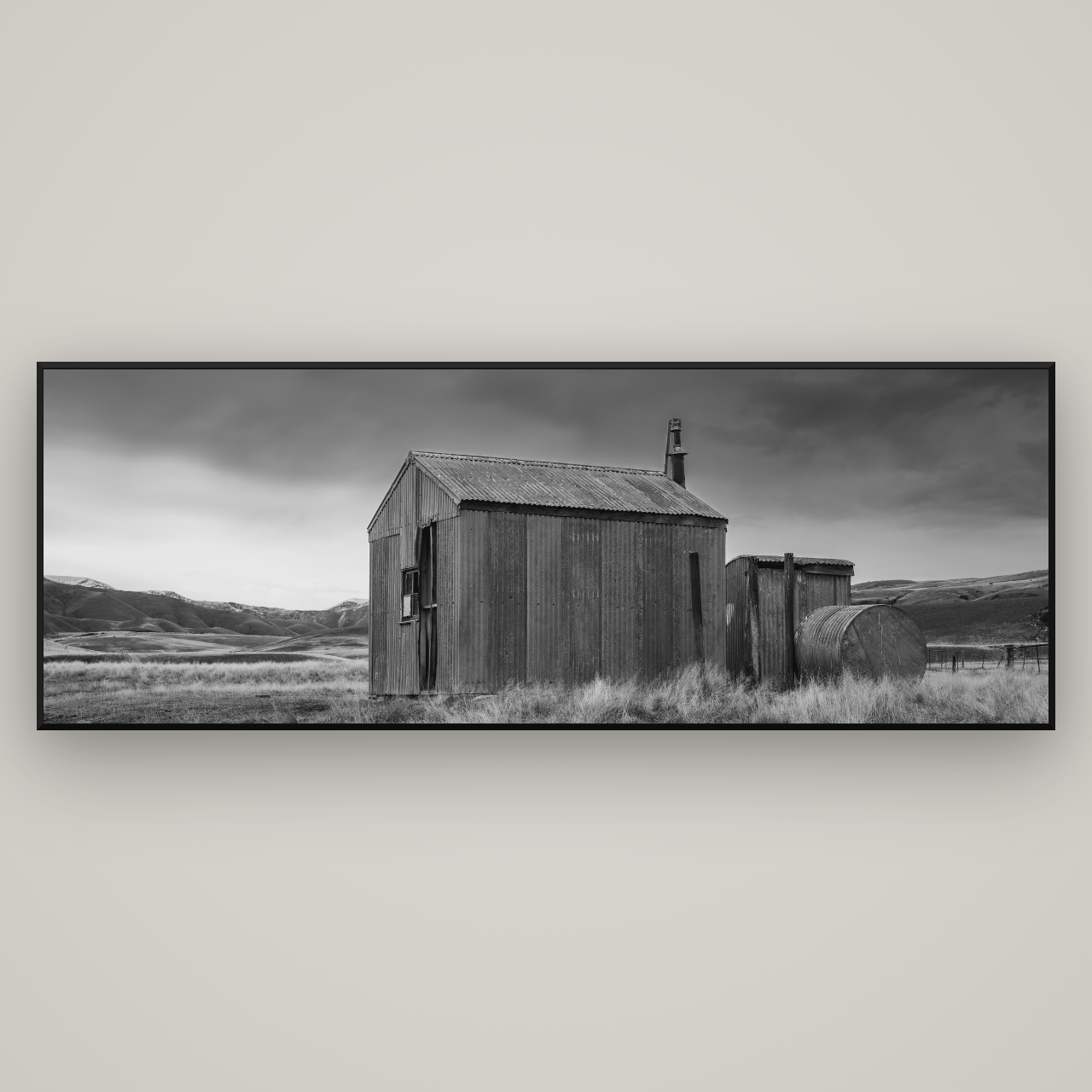Whispers of Solitude, The Iron Hut — Basel Black Matte, 227×80 cm. New Zealand fine art wall art by Stephen Milner.