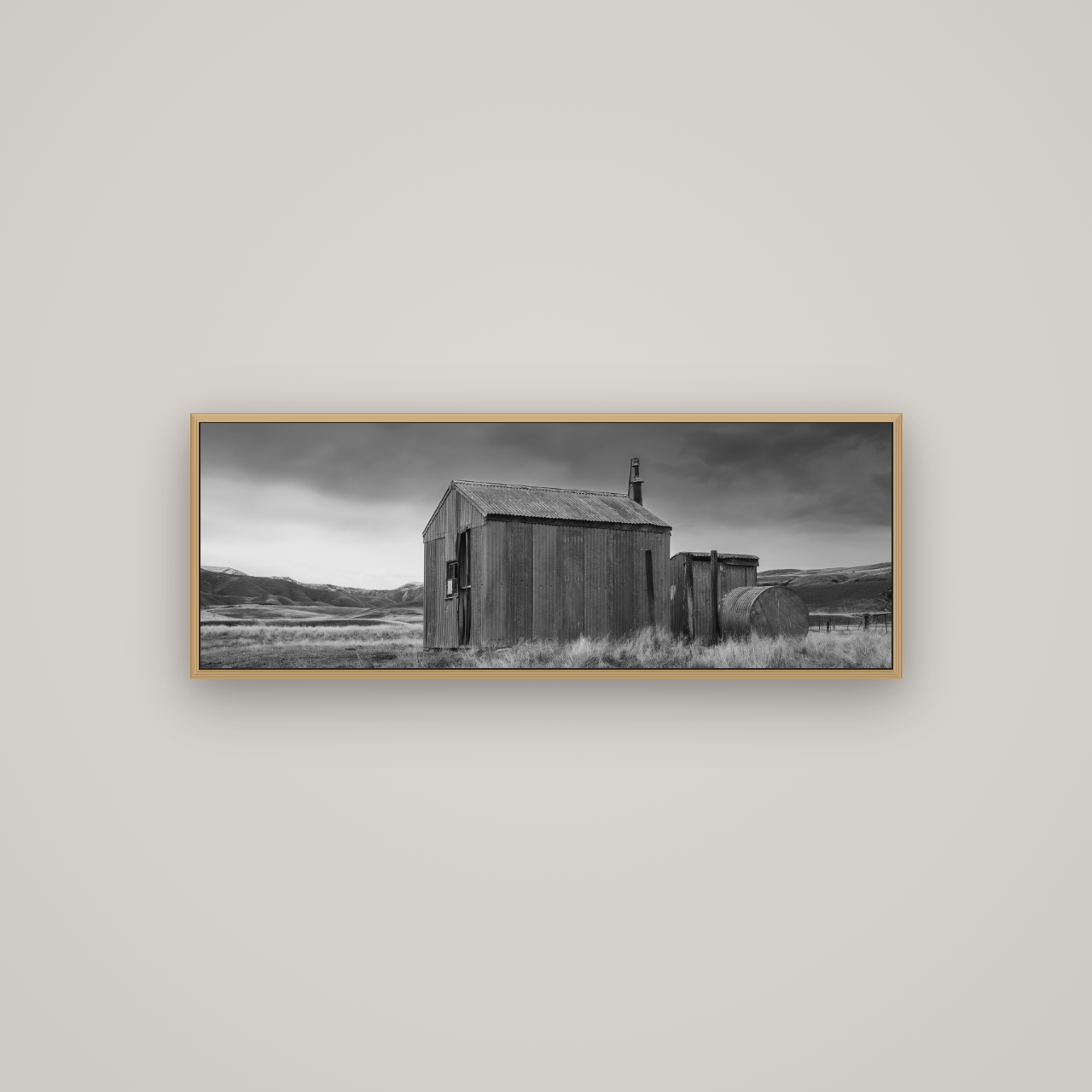 Whispers of Solitude, The Iron Hut, Basel Natural Oak, 113×40 cm. New Zealand fine art wall art by Stephen Milner.