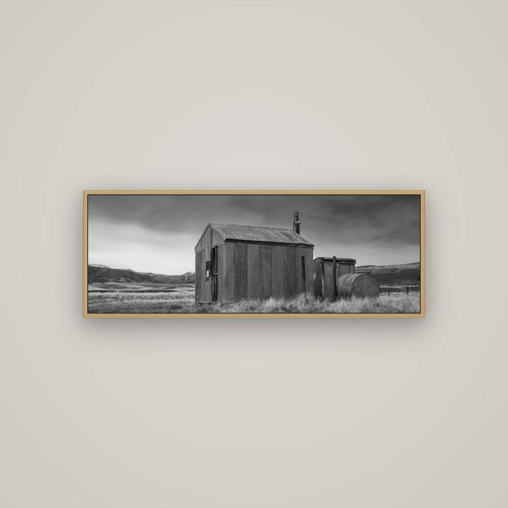 Whispers of Solitude, The Iron Hut, Basel Natural Oak, 113×40 cm. New Zealand fine art wall art by Stephen Milner.